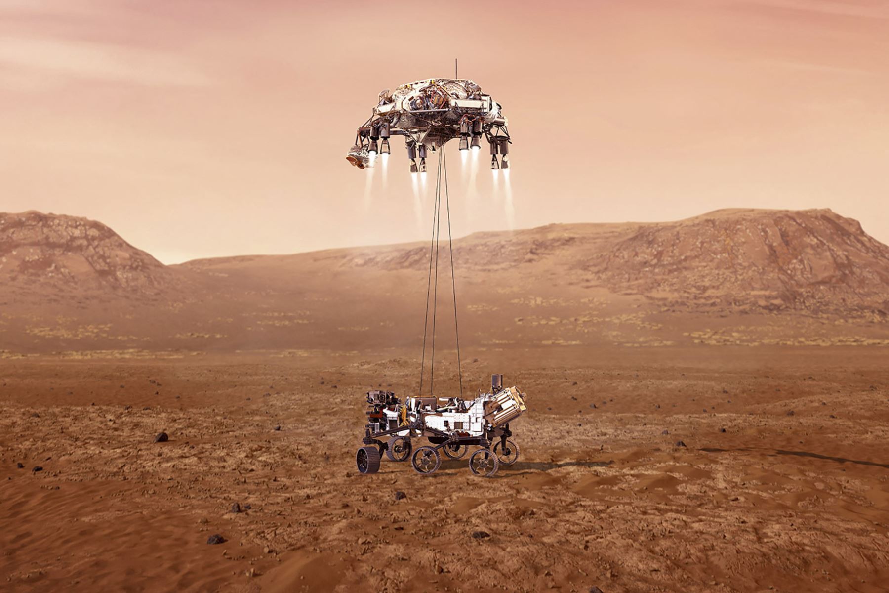 Perseverance, de 6 ruedas, cerca de 3 metros de largo y de 1,025 kilogramos, buscará en Marte señales de alguna vida microbiana pasada. Foto: AFP.