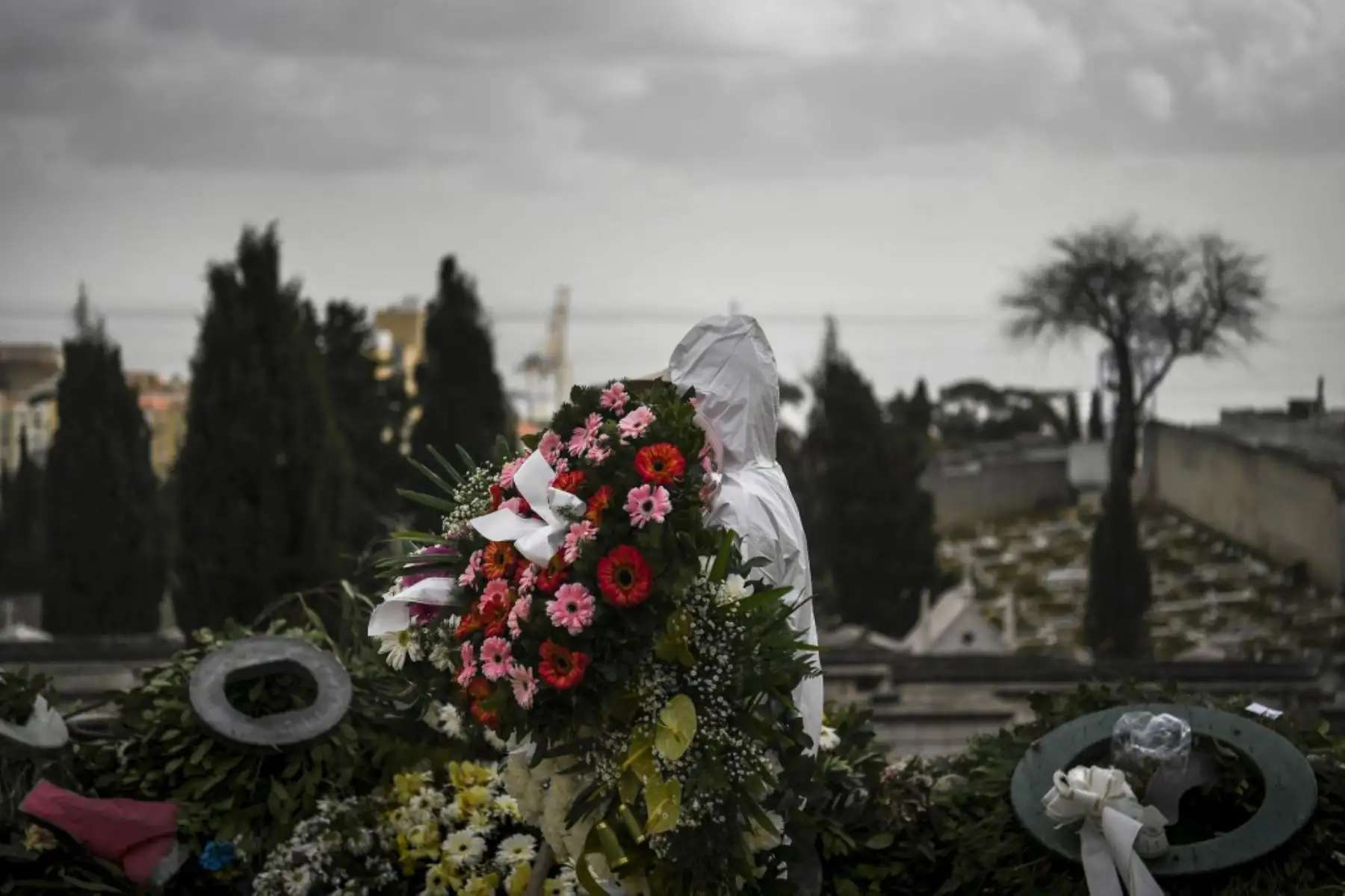Sepulturero transporta un arreglo floral en el cementerio Alto de Sao Joao en Lisboa. En enero, Portugal sufrió la peor tasa de infecciones por coronavirus en el mundo y desde el 15 de enero el país ha estado bajo un bloqueo general.

Foto: AFP