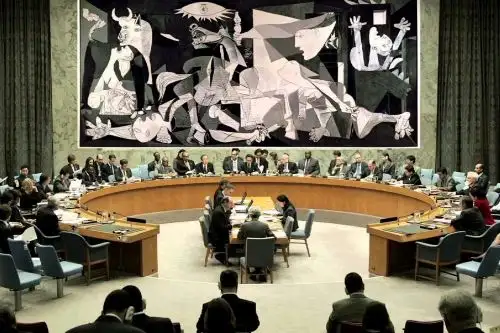 La presencia del tapiz, cerca del cual pasaban regularmente presidentes, ministros y embajadores ante el Consejo de Seguridad, tenía por objeto sensibilizarlos sobre la tragedia de la guerra. Foto: Internet