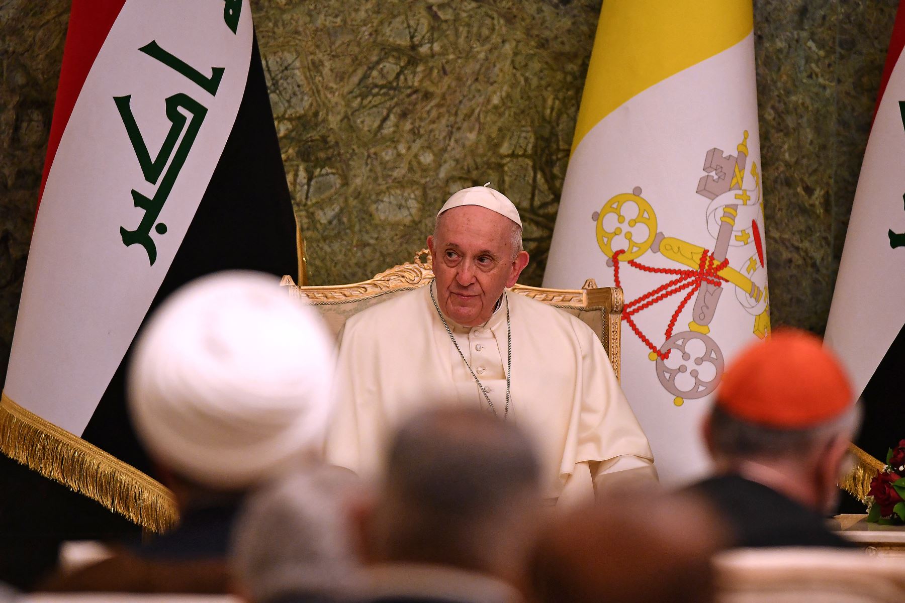 El Papa Francisco asiste a una reunión en el palacio presidencial de Irak en Bagdad el 5 de marzo de 2021 en la primera visita papal a Irak. Foto: AFP