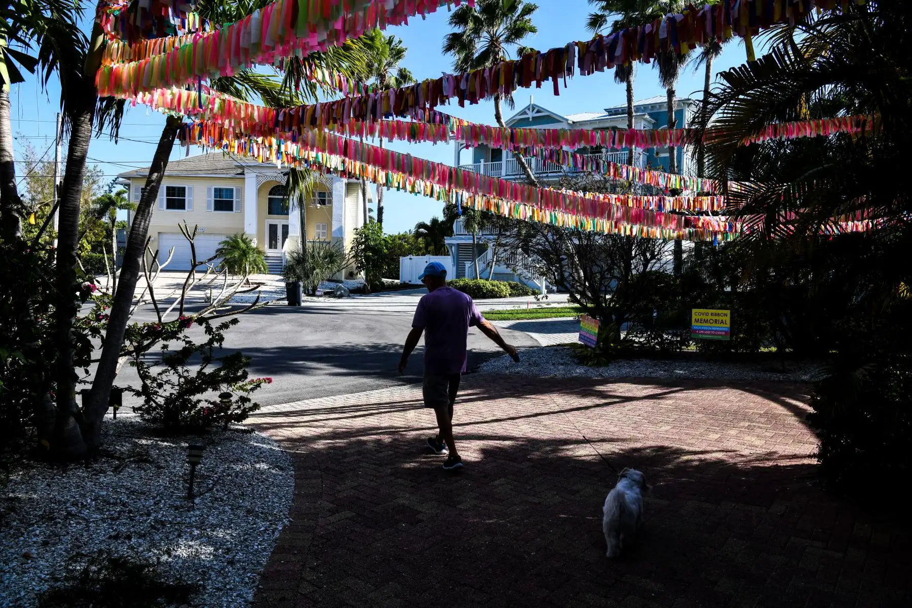 Cintas que representan a las víctimas de Covid-19 cuelgan en la casa de Cathy Tobias mientras una persona paseaba a su perro, en Anna Maria Island, Florida. Foto: AFP