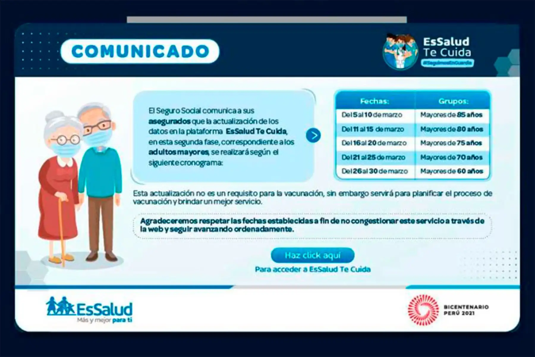 Actualización, que inició hoy y culmina el 30 de marzo, comenzará con las personas mayores de 85 años, luego con las de 80, 75, 70 y finalmente con las de 60 años. Foto: ANDINA/EsSalud