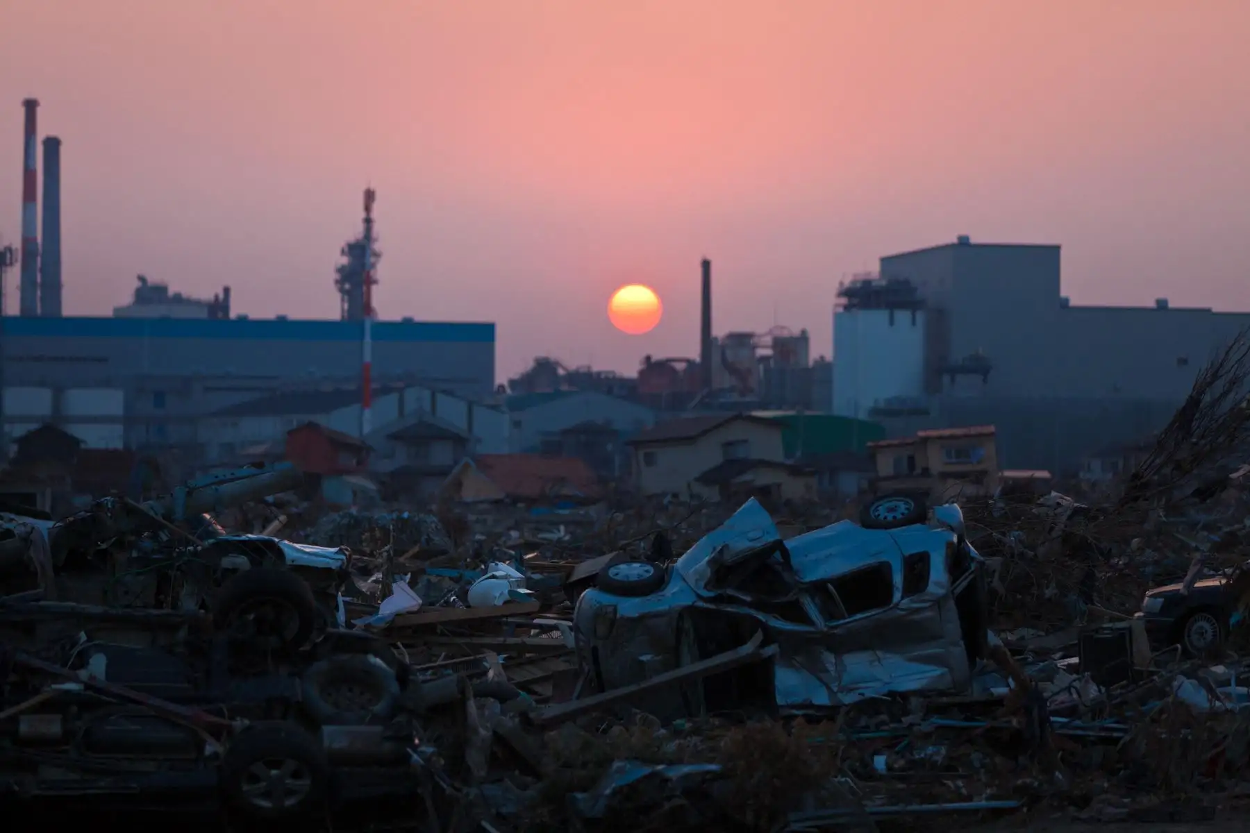 El sol se pone sobre los escombros que aún se amontonan casi cinco semanas después de que el terremoto y el tsunami devastaran la ciudad de Ishinomaki en la prefectura de Miyagi. Foto: AFP