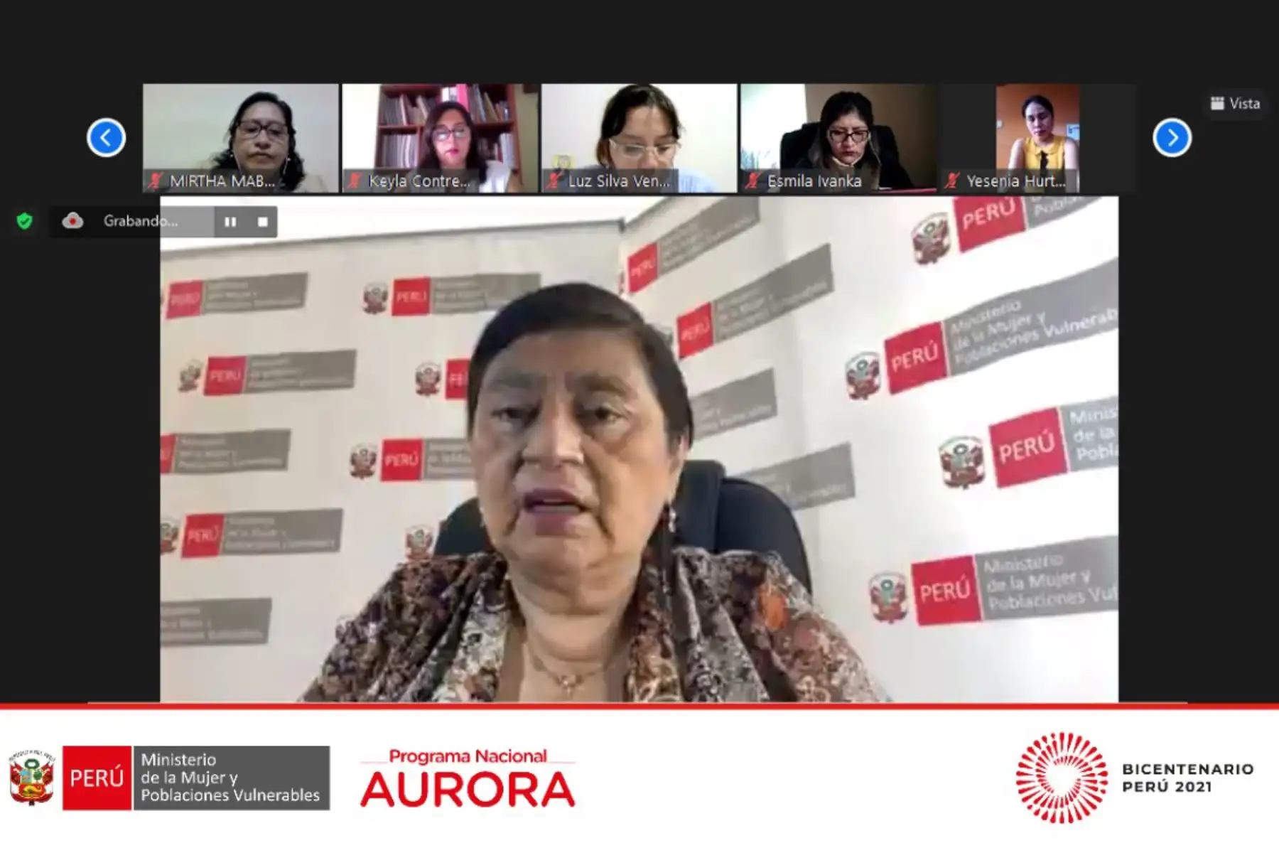 Ministra de la Mujer, Silva Loli, en reunión virtual con autoridades y líderes sociales del Cusco. ANDINA/Difusión
