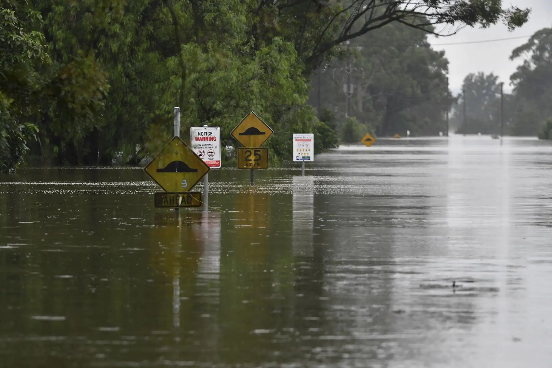 Esta imagen muestra señales de tráfico sumergidas en las inundaciones en un área residencial en el suburbio de Windsor en el noroeste de Sydney. Foto: AFP