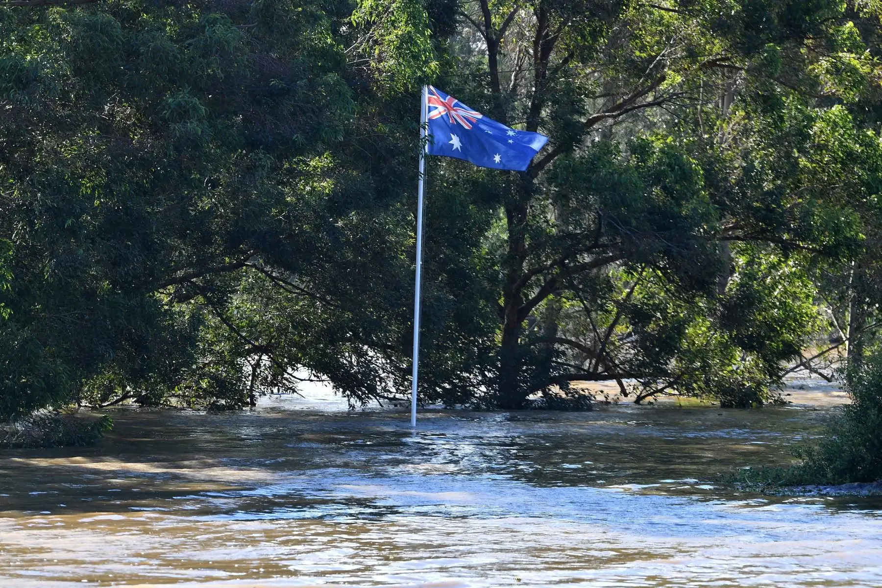 Esta foto muestra una bandera australiana rodeada de agua en una zona residencial inundada en el suburbio de Windsor en el noroeste de Sydney , después de que lluvias torrenciales azotaran el sureste de Australia durante días.
Foto : AFP