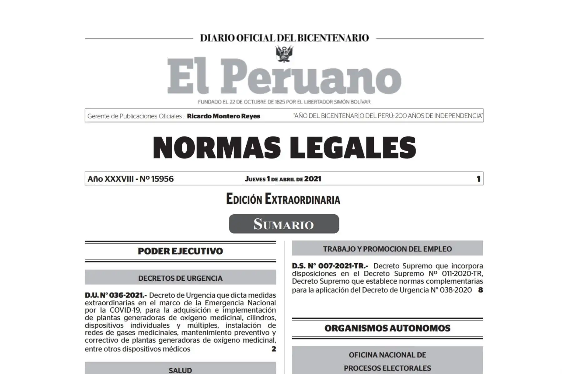 Edición extraordinaria del Diario Oficial El Peruano.