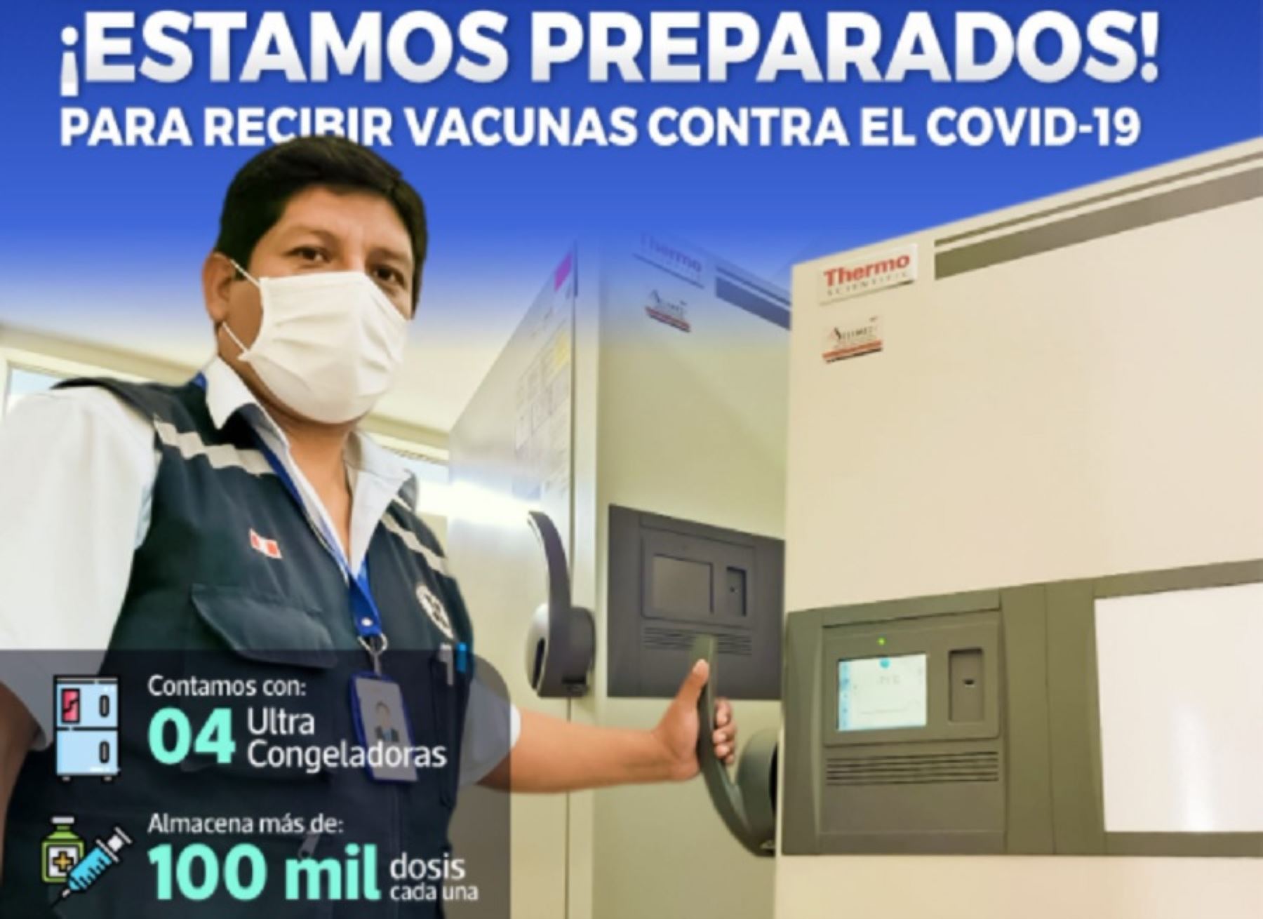 El Gobierno Regional de Tacna informó que tiene disponibles cuatro ultracongeladoras con capacidad para almacenar, cada una, 100,000 dosis de la vacuna del laboratorio Pfizer y tiene identificados los lugares para la inmunización contra el covid-19 de los adultos mayores de 80 años de edad.