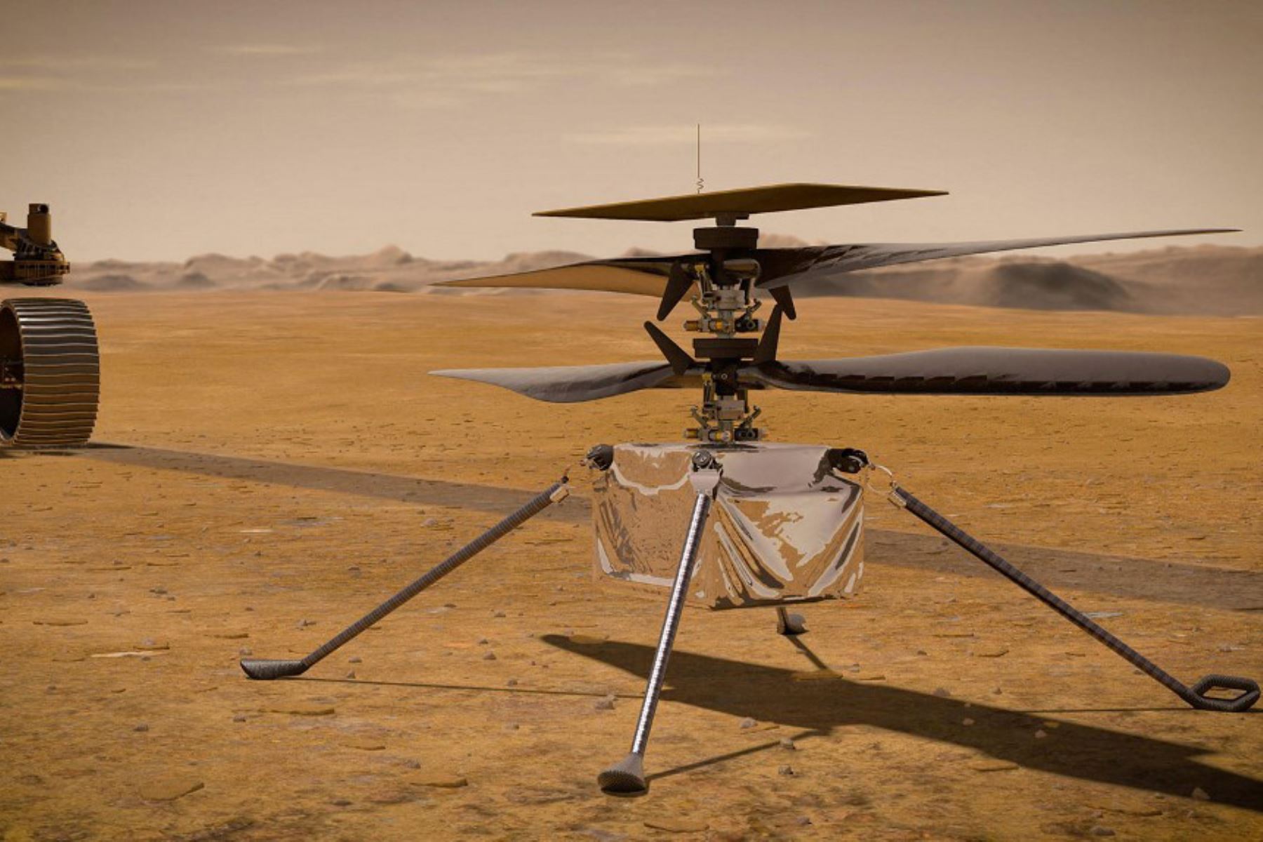 El mini helicóptero Ingenuity de la NASA ha sobrevivido a su primera noche solo en la gélida superficie de Marte, dijo la agencia espacial estadounidense, que lo aclamó como "un hito importante" para la pequeña nave mientras se prepara para su primer vuelo. Foto. AFP