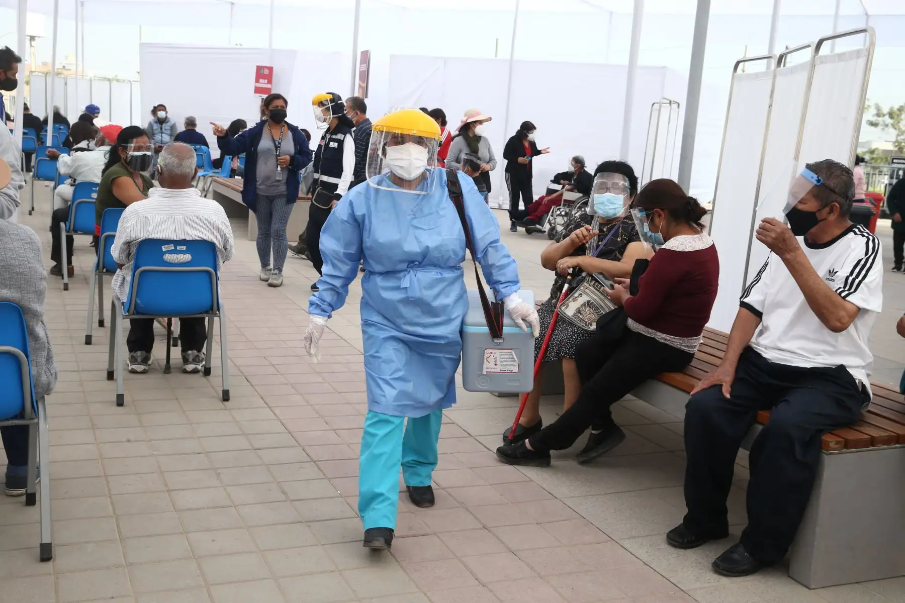 El Ministerio de Salud inicia vacunación contra el covid- 19 en el Polideportivo de Villa El Salvador, donde los adultos mayores de dicho distrito podrán ser llevados en autos particulares, taxis o mototaxis para ser inmunizados.
Foto: ANDINA / Vidal Tarqui