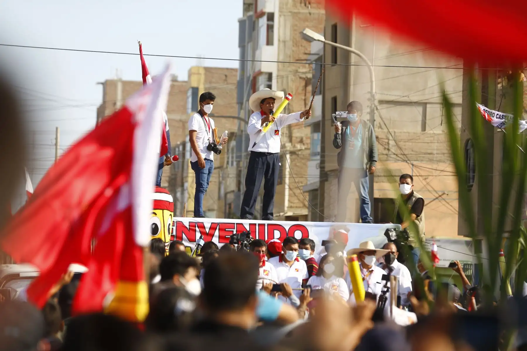 Mitin  del candidato de Perú Libre,  Pedro Castillo  en la ciudad de Chiclayo, como parte de su agenda en la región de Lambayeque. 
Foto: ANDINA/Andrés Valle