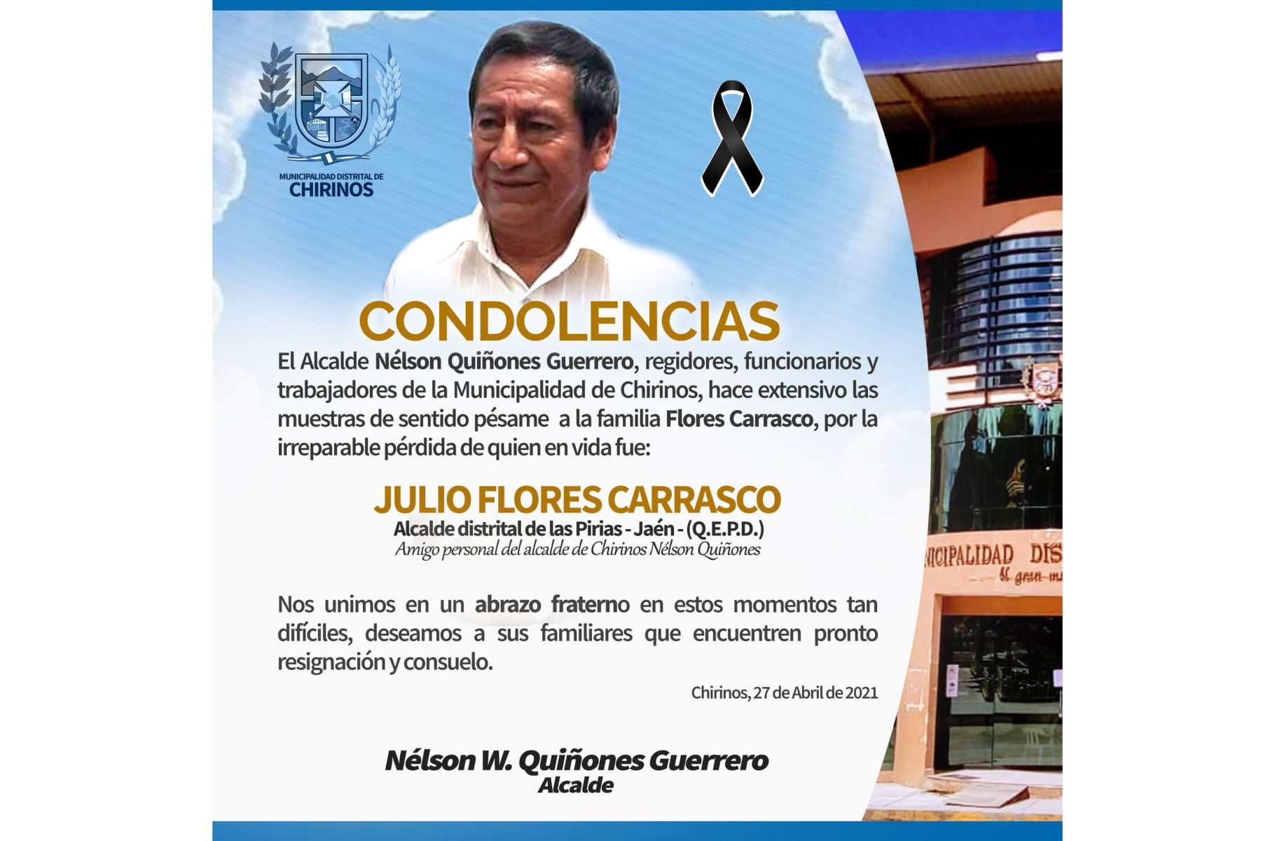 El alcalde Julio Flores Carrasco perdió la batalla contra el nuevo coronavirus en el hospital EsSalud de la provincia de Jaén. Foto: ANDINA/Difusión