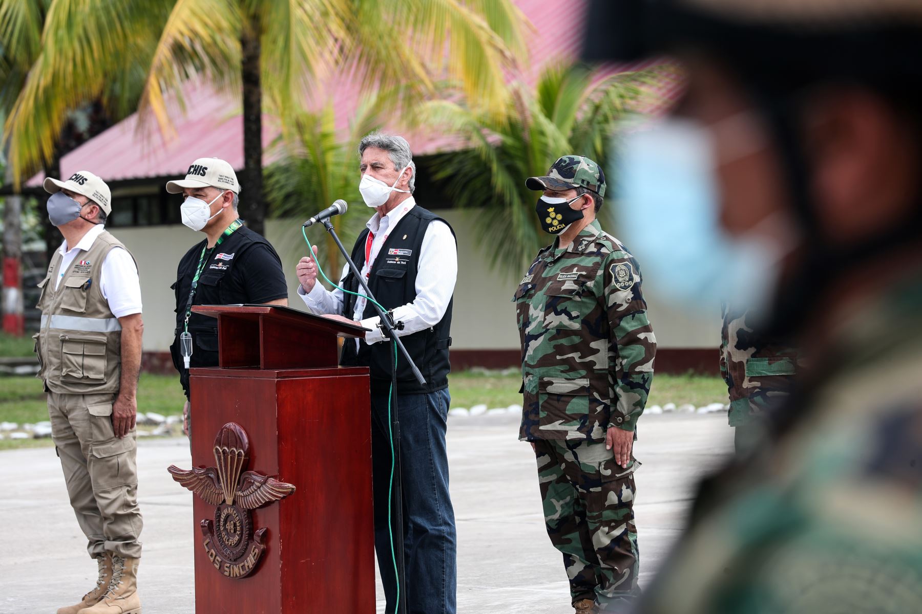 El presidente Francisco Sagasti, participa en la ceremonia de donación de 17 toneladas de explosivos por parte de la Sucamec a la Dirandro. Foto: Prensa/ Presidencia