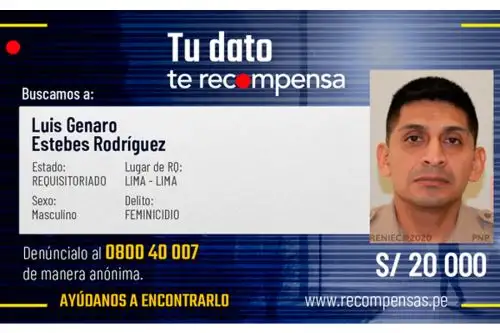 Luis Genaro Estebes Rodríguez es acusado de feminicidio y se ofrece S/ 20 000 a quien ofrezca información sobre su paradero. ANDINA/Mininter