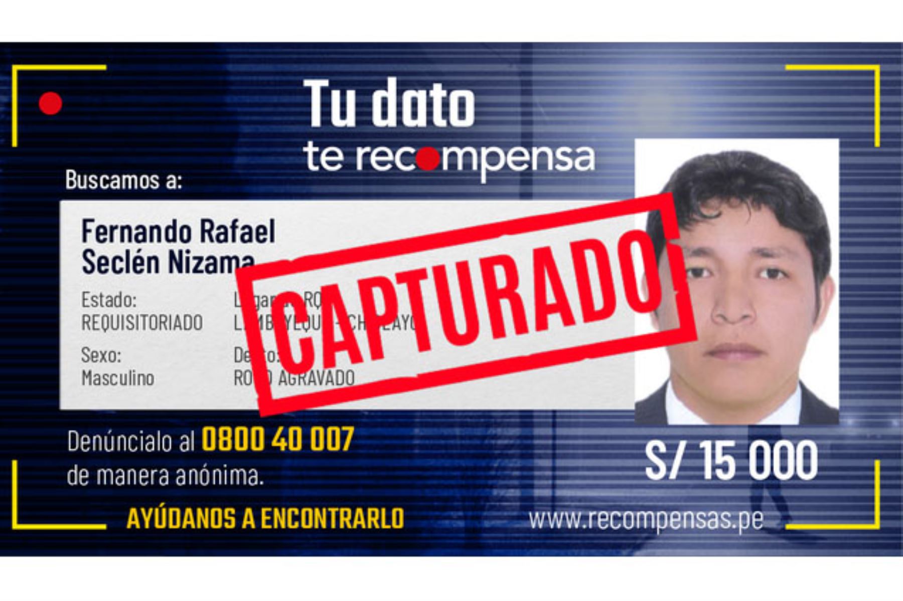 Fernando Rafael Seclén Nizama (36) estaba incluido en el Programa de Recompensas del Ministerio del Interior. Foto: ANDINA/Mininter