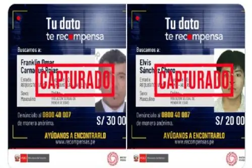 Por el paradero de  Franklin Omar Carnaqué Rojas, el Mininter ofrecía una recompensa de 30,000 soles, mientras que por el de Elvis Sánchez Chero, 20,000 soles.
