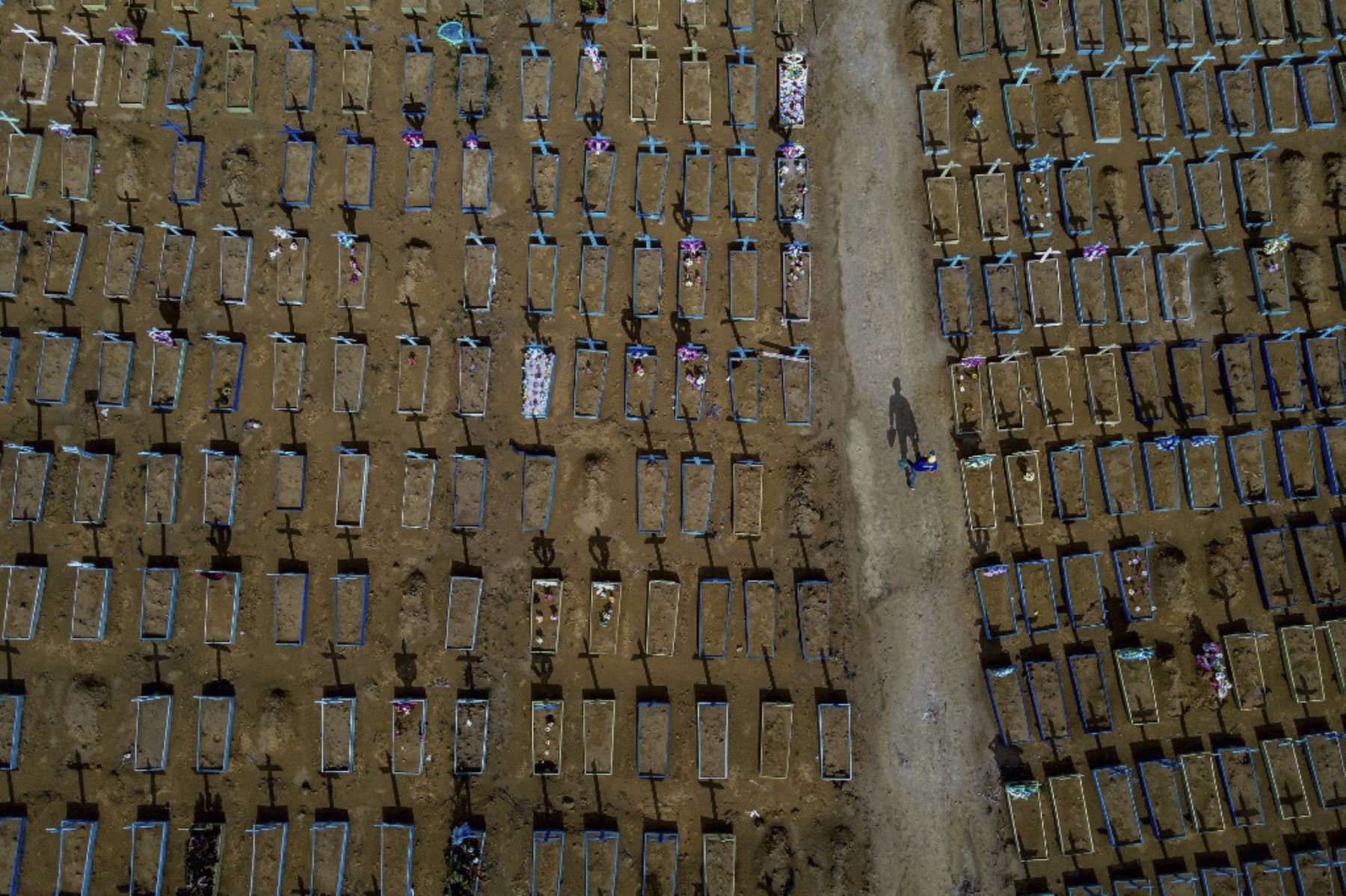 Vista aérea de un sepulturero caminando entre las tumbas de las víctimas del covid-19 en el cementerio de Nossa Senhora Aparecida en Manaus, estado de Amazonas, Brasil. Foto: AFP