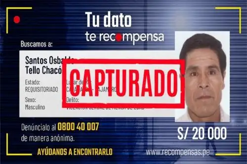 #TuDatoTeRecompensa: Capturan a prófugo acusado de abuso de menor de edad en Cajamarca. Foto: Difusión