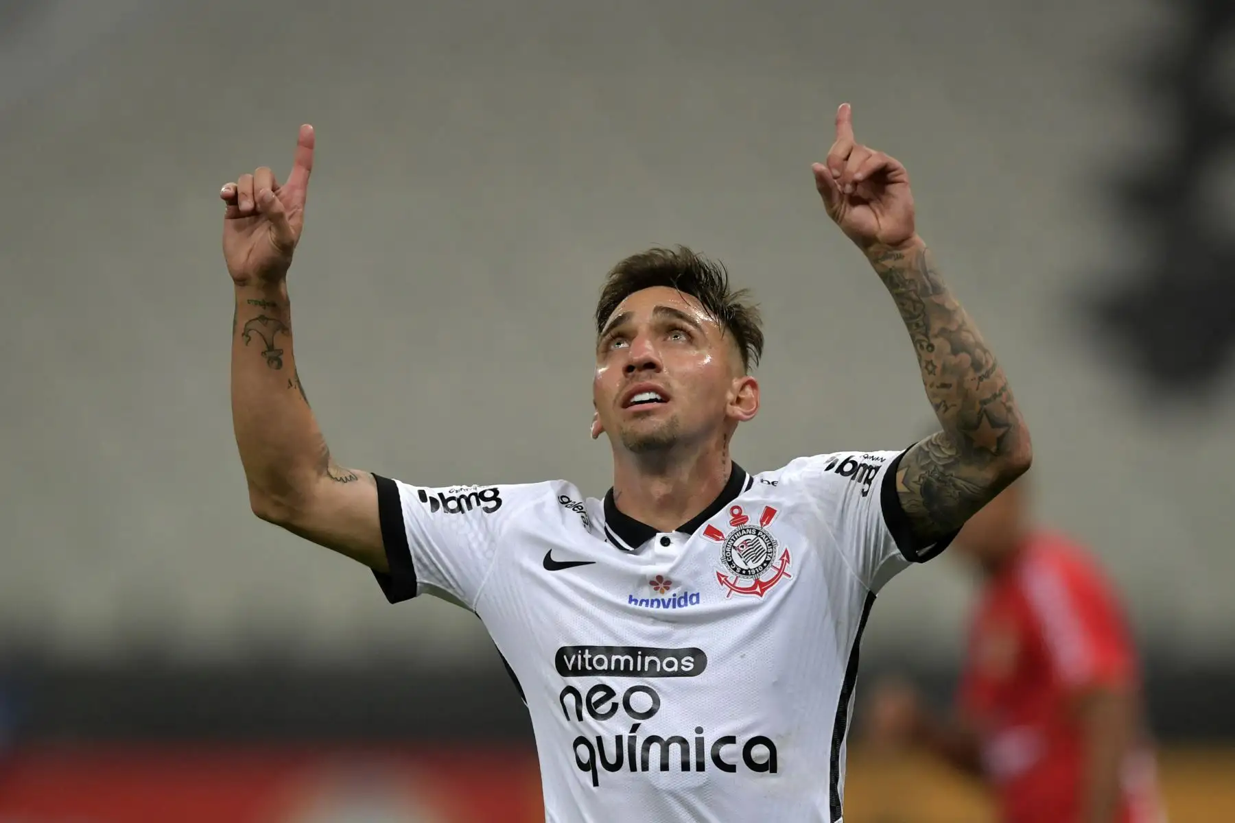 Gustavo Silva de Corinthians celebra tras anotar ante Sport Huancayo2durante el partido de la fase de grupos de la Copa Libertadores, el estadio Arena de Sao Paulo. Foto: AFP