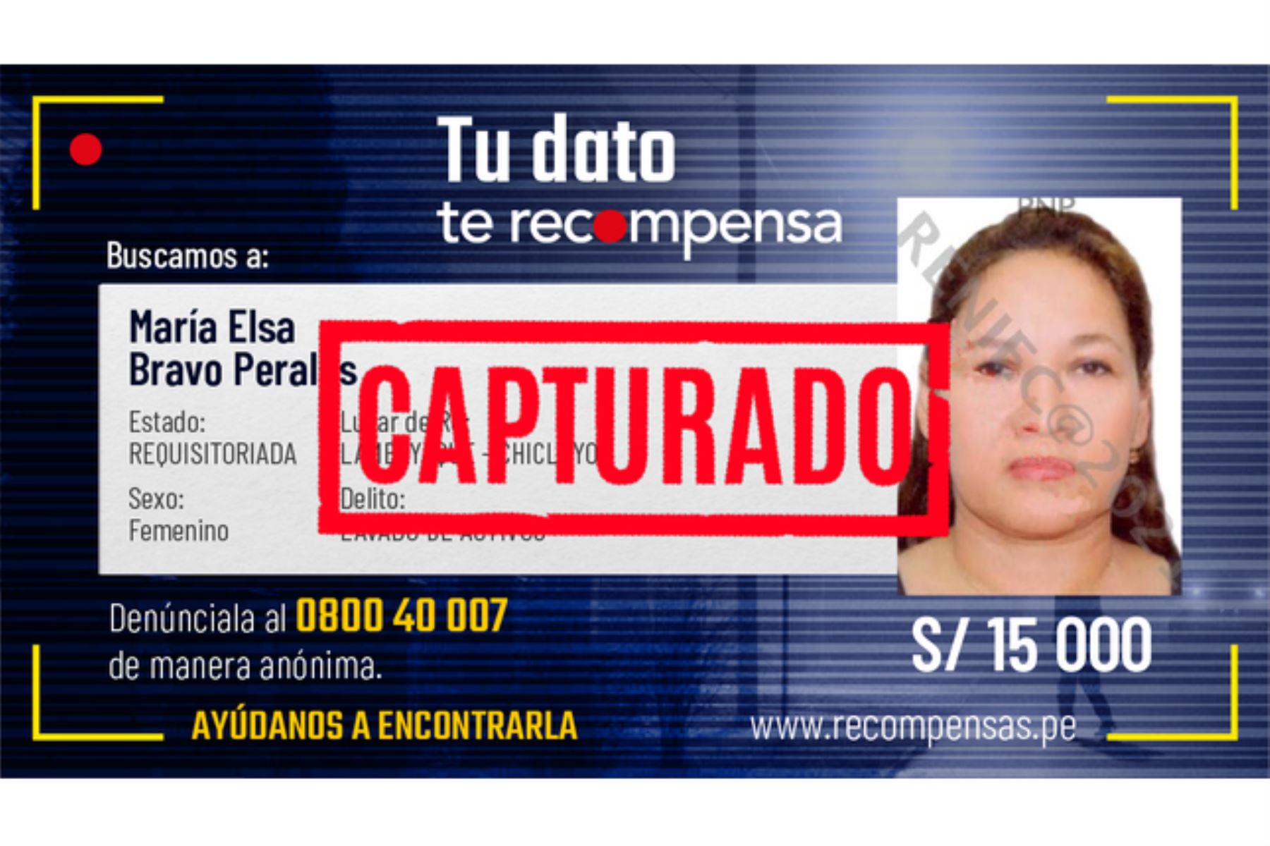 María Elsa Bravo Perales fue detenida en el distrito de Chirinos, provincia cajamarquina de San Ignacio, informó el Mininter. Foto: ANDINA/Mininter