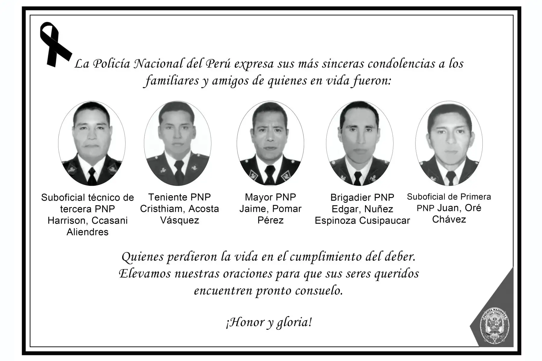 La Policía Nacional expresó sus más sinceras condolencias a los deudos y amigos de las víctimas. Foto: Twitter PNP.