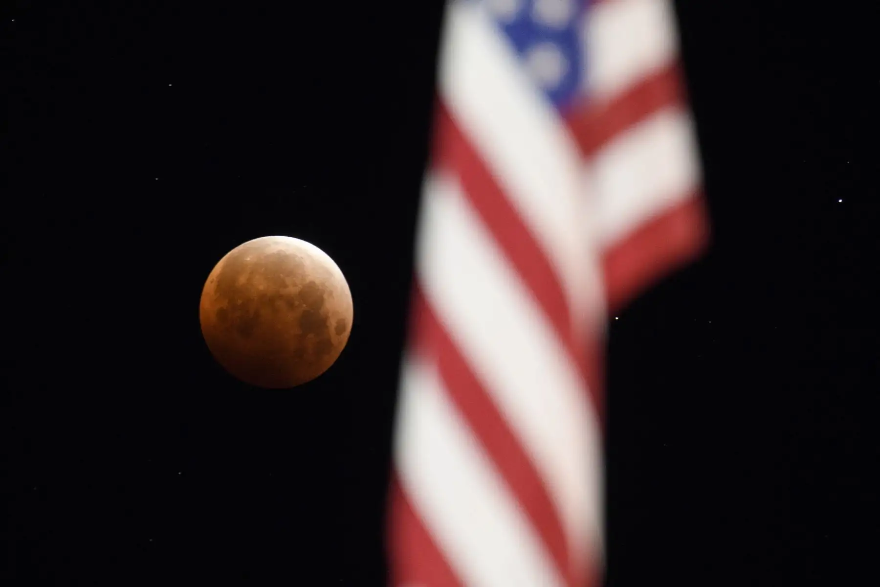 Se ve una luna llena enmarcada con una bandera de Estados Unidos durante la totalidad de un eclipse lunar total cuando la luna entra en la sombra de la Tierra para una "Super Luna Sangrienta" el 26 de mayo de 2021 en California. Foto: AFP