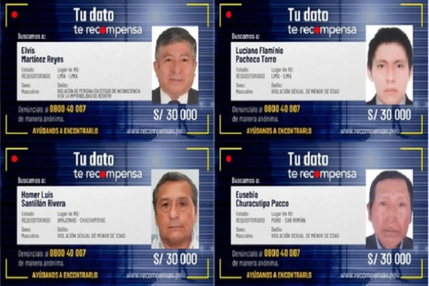 Mininter ofrece S/ 30 000 a cambio de información que contribuya con la captura de cada uno de ellos