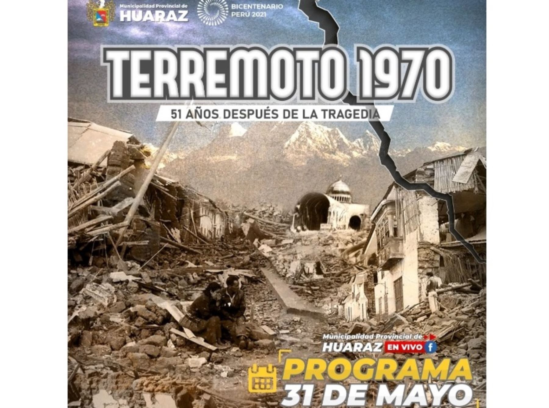 Con misa y otras actividades, Huaraz recuerda hoy a las más de 60,000 víctimas del terremoto de 1970. Una tragedia que enlutó a los peruanos hace 51 años. ANDINA/Difusión
