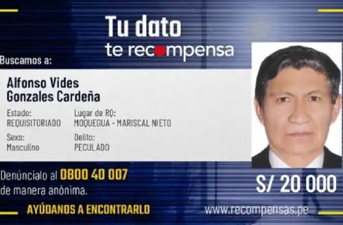 El Programa de Recompensas del Ministerio del Interior (Mininter) incluyó a Alfonso Vides Gonzales Cardeña, quien en el 2015 recibió condena por el delito de peculado. Por la información que ayude a ubicar y capturar a cada uno de ellos se ofrece un beneficio económico de 20,000 soles.