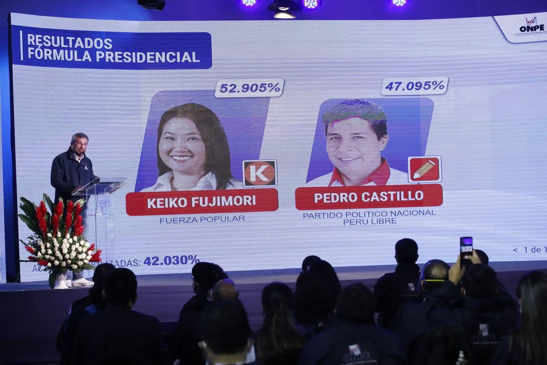 Jefe de la ONPE, Piero Corvetto, presenta el primer reporte de resultados de la Segunda Elección Presidencial 2021.
Foto: ANDINA/Juan Carlos Guzmán