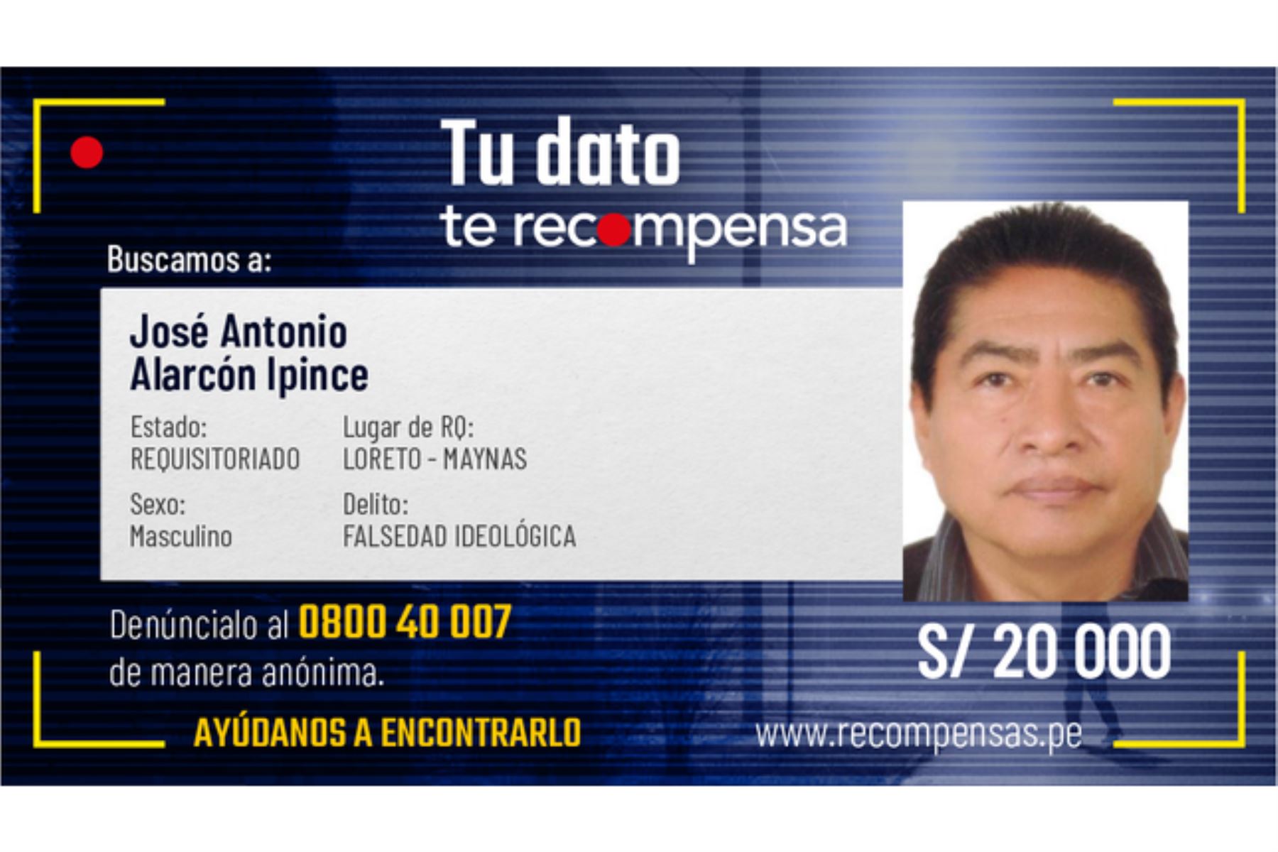 José Antonio Alarcón Ipince (56) fue dado de baja de la institución policial; tiene una requisitoria ordenada por la Sala Penal Liquidadora de Loreto. Foto: ANDINA/Difusión