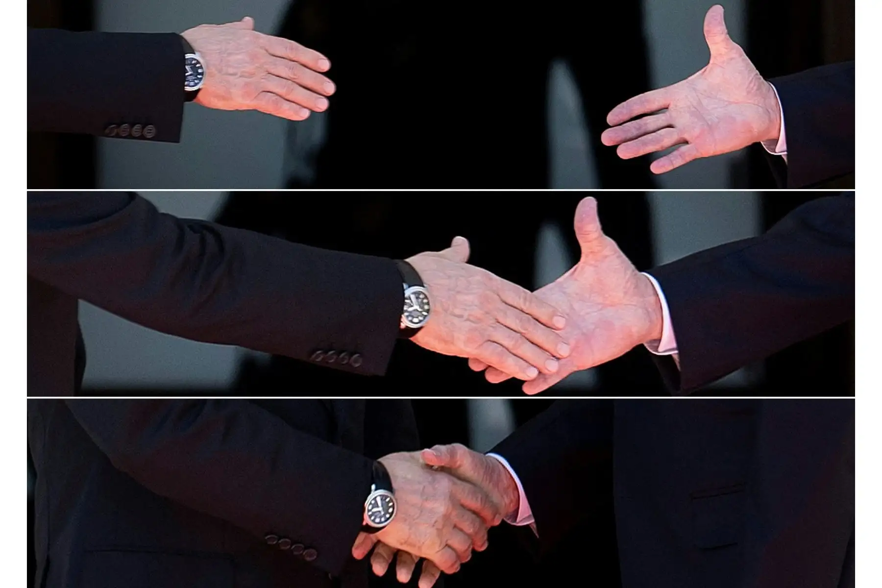 Detalle de las manos de Putin y Biden tras saludarse a la entrada del palacete. El presidente de Suiza deseó a Putin y a Biden una "reunión fructífera en el interés de sus respectivos países y del mundo entero". Foto: AFP