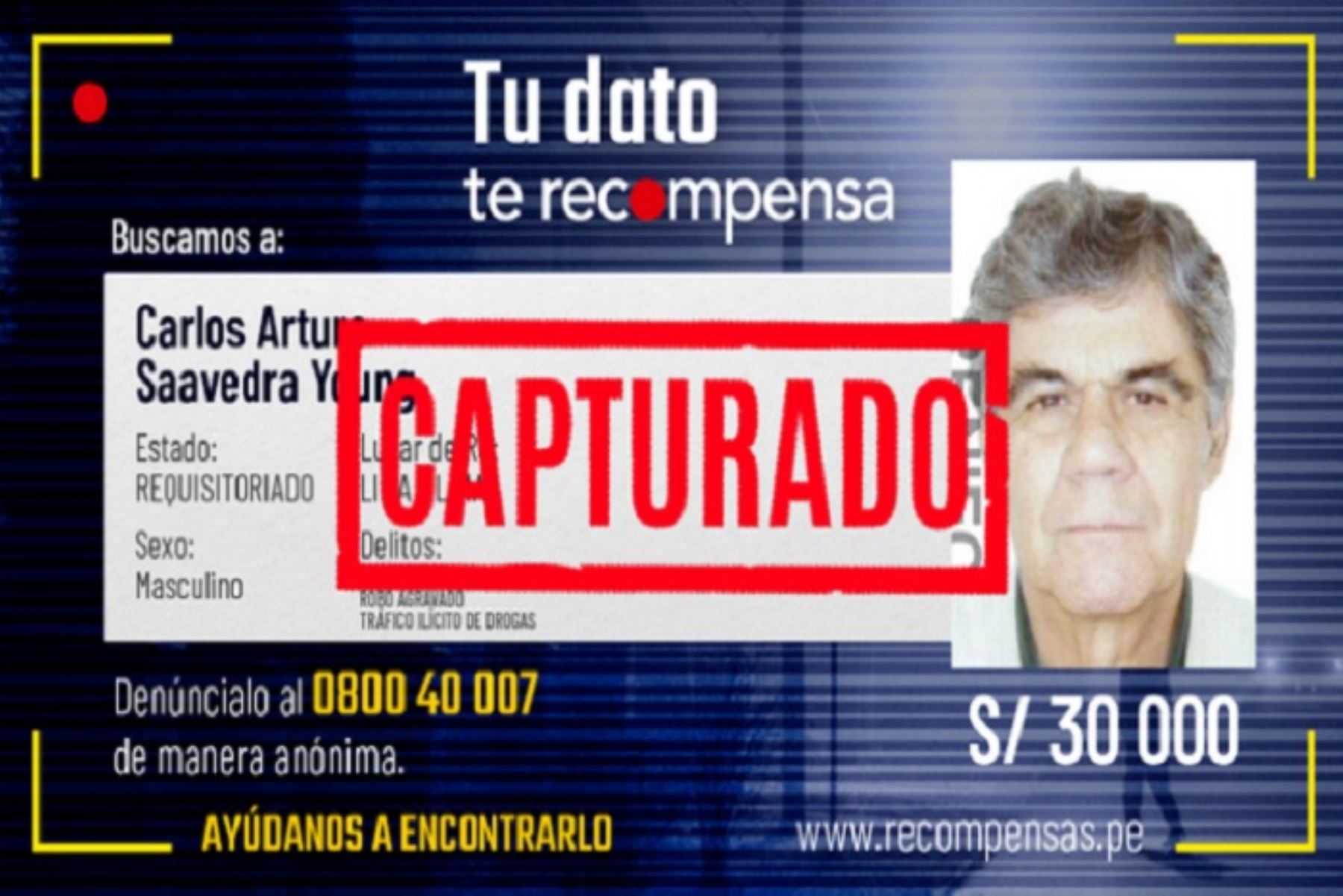 Mininter ofrecía S/ 30 000 de recompensa por información sobre Carlos Arturo Saavedra Young, detenido en Pacasmayo.