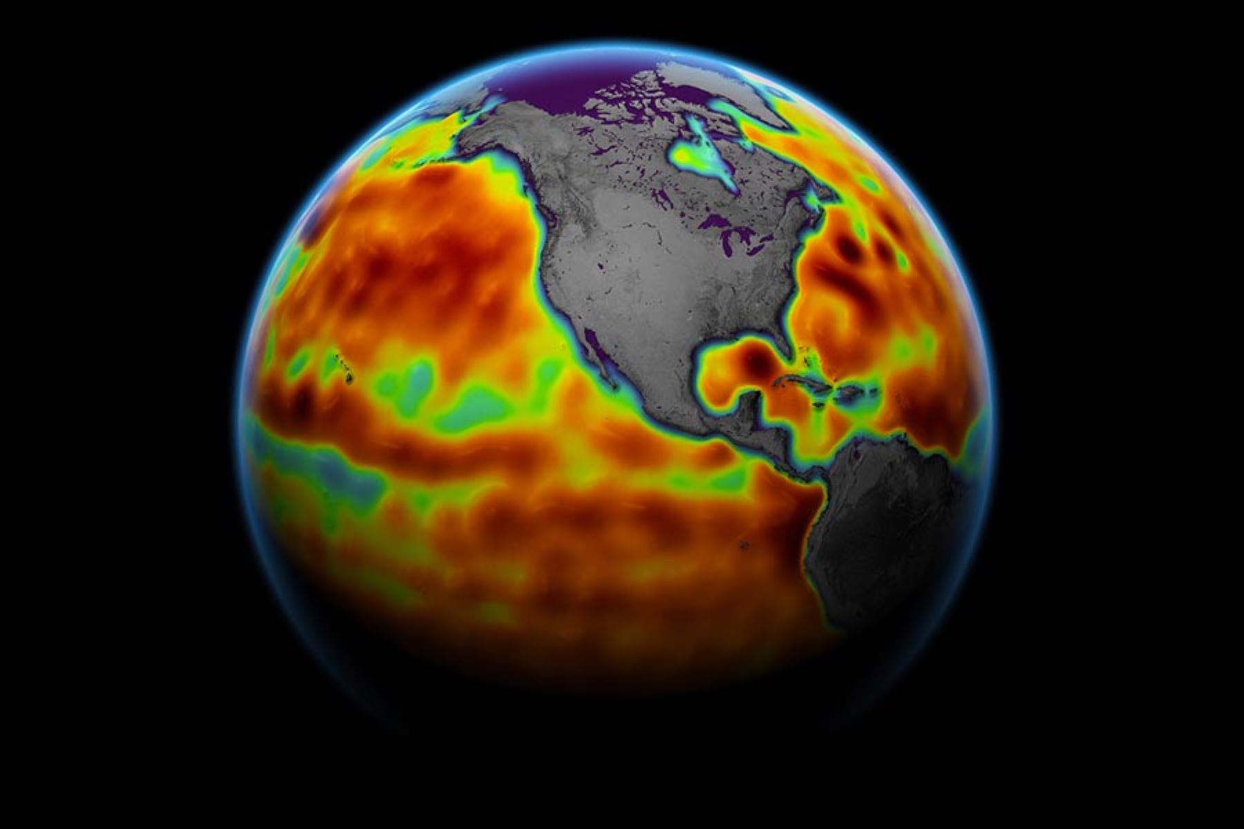 Este mapa muestra el nivel del mar medido por el satélite Sentinel-6 Michael Freilich entre el 5 y el 15 de junio del 2021. Las áreas rojas son regiones donde el nivel del mar es más alto de lo normal y las áreas azules indican áreas donde es más bajo de lo normal. Foto:  NASA