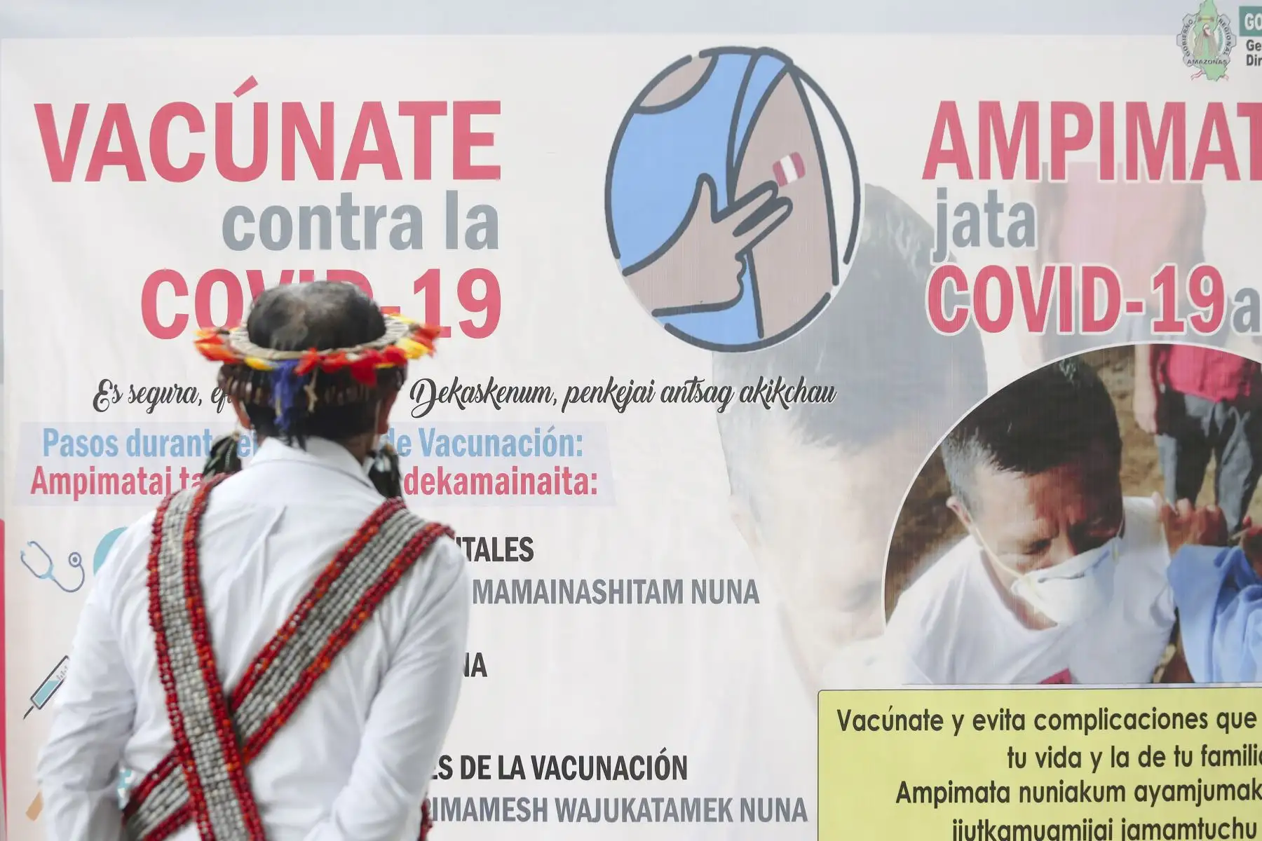 Más de 500 miembros de las etnias awajún y wampis recibieron la primera dosis de la vacuna contra la covid-19 durante las jornadas de inmunización que se desarrollaron en las comunidades nativas de Nazareth, distrito de Imaza, provincia de Bagua, Amazonas. Foto: Difusión