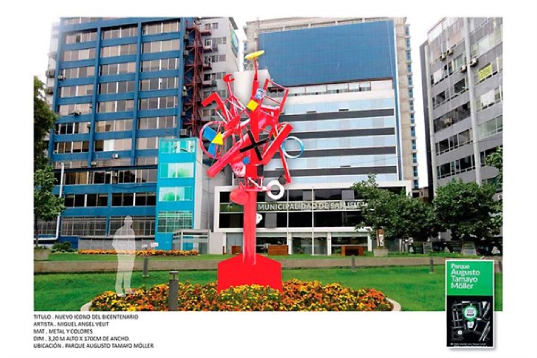 Escultura de Miguel Ángel Velit en fotomontaje proporcional colocada en un parque de Lima.