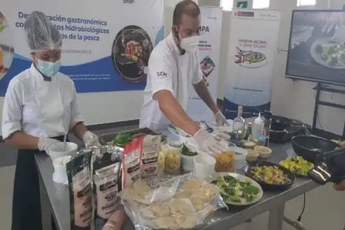 Se pudo degustar platillos como arroz marino con paiche, caucau criollo con paiche, tiradito de boquichico, hamburguesas de paiche al plato con sabrosa ensalada, y otros.