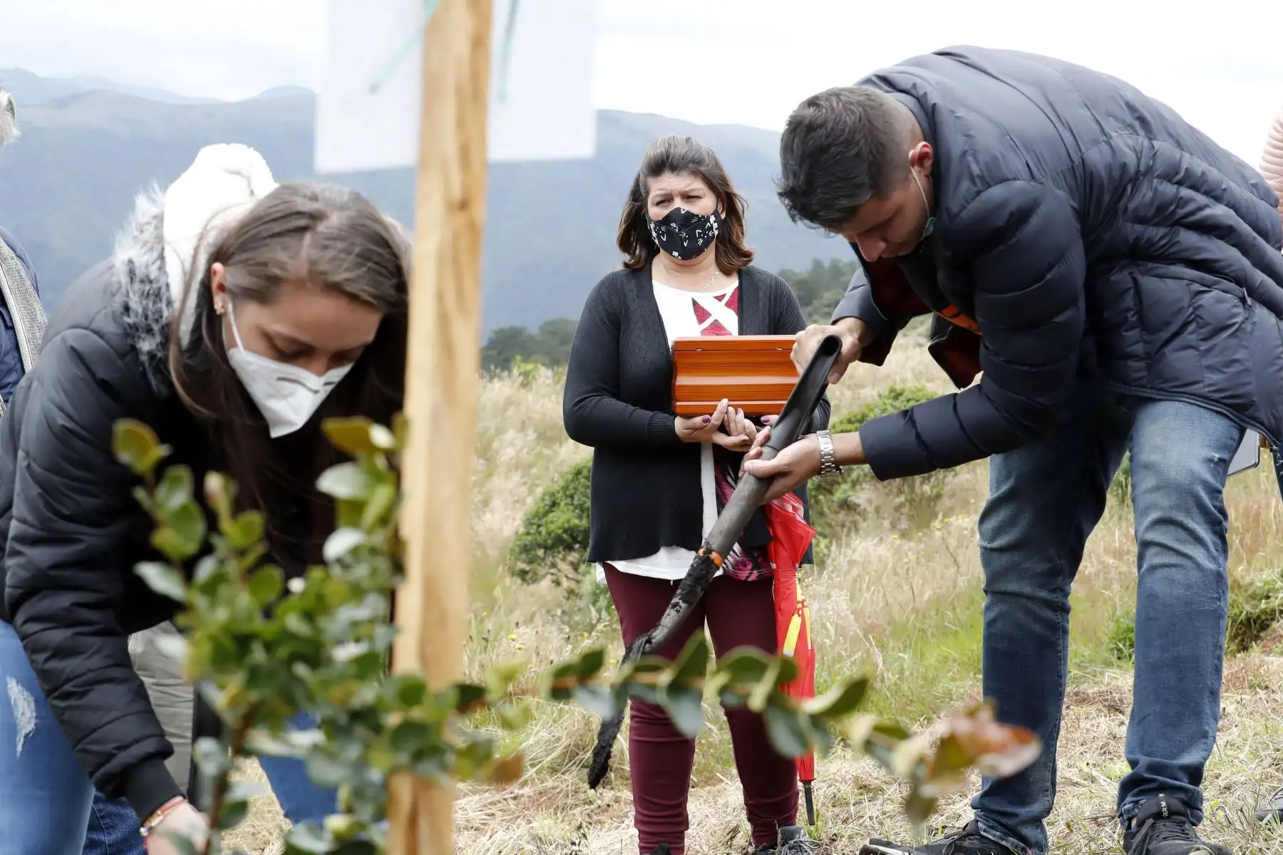 Una mujer sostiene las cenizas de María Emilse Rodríguez antes de ser depositadas en la tierra, en el páramo de Guerrero, en la población de Cogua . Las cenizas de casi mil víctimas de la covid-19 reposan imperturbables en una colina de la Reserva Natural El Pajonal de Cogua, a 70 kilómetros de Bogotá.
Foto: EFE