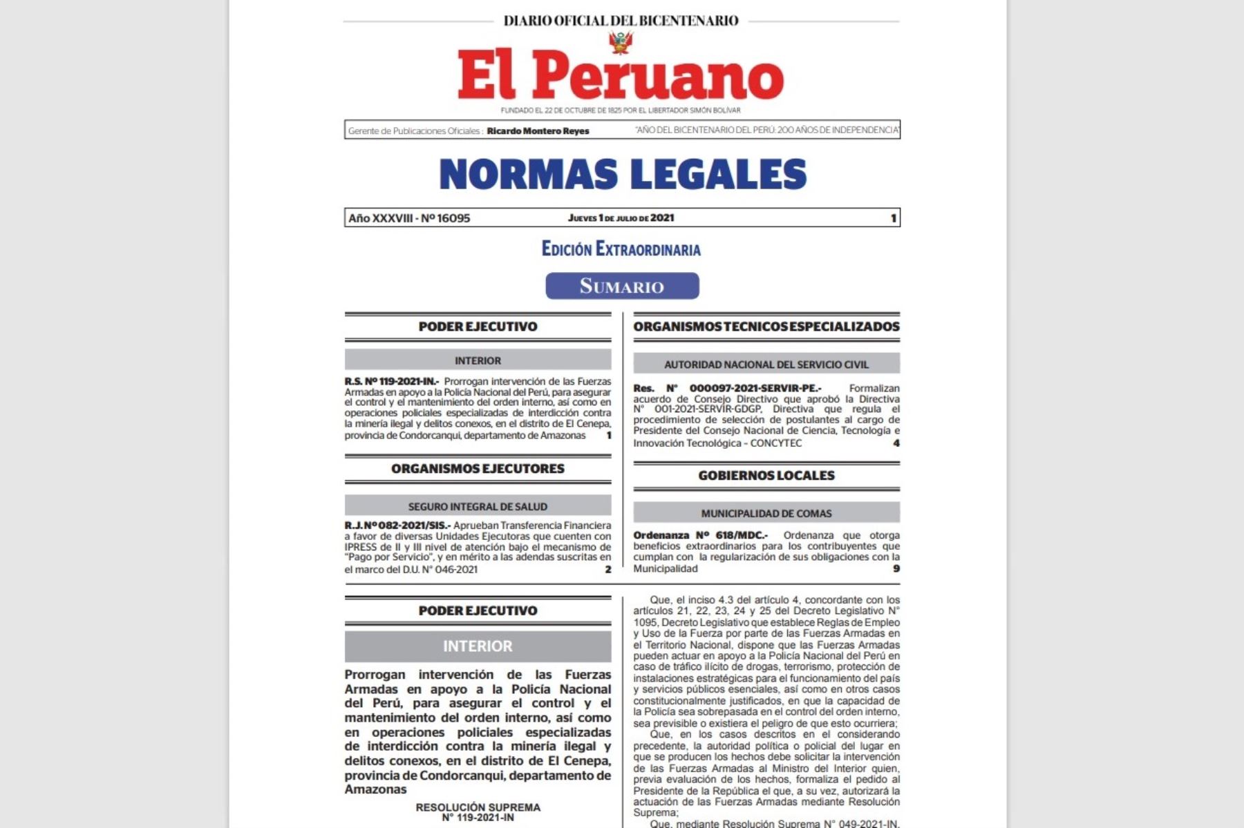 Cuadernillo de normas legales del Diario Oficial El Peruano.