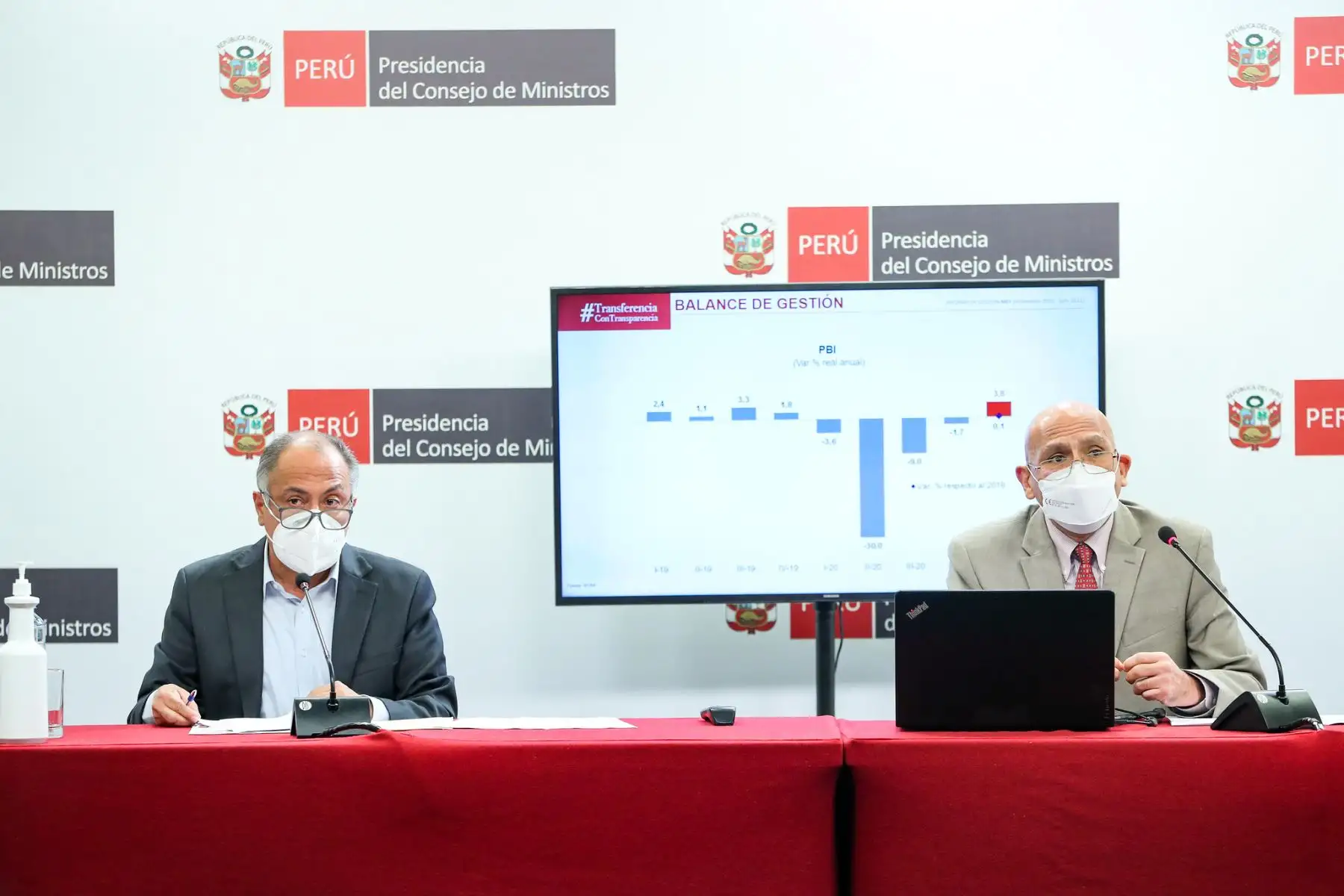 El ministro de Economía, Waldo Mendoza, junto al ministro de Trabajo y Promoción del Empleo, Javier Palacios, ofrecieron el balance de su gestión en conferencia de prensa como parte de las sesiones “Transferencia con Transparencia”. Foto: ANDINA/PCM