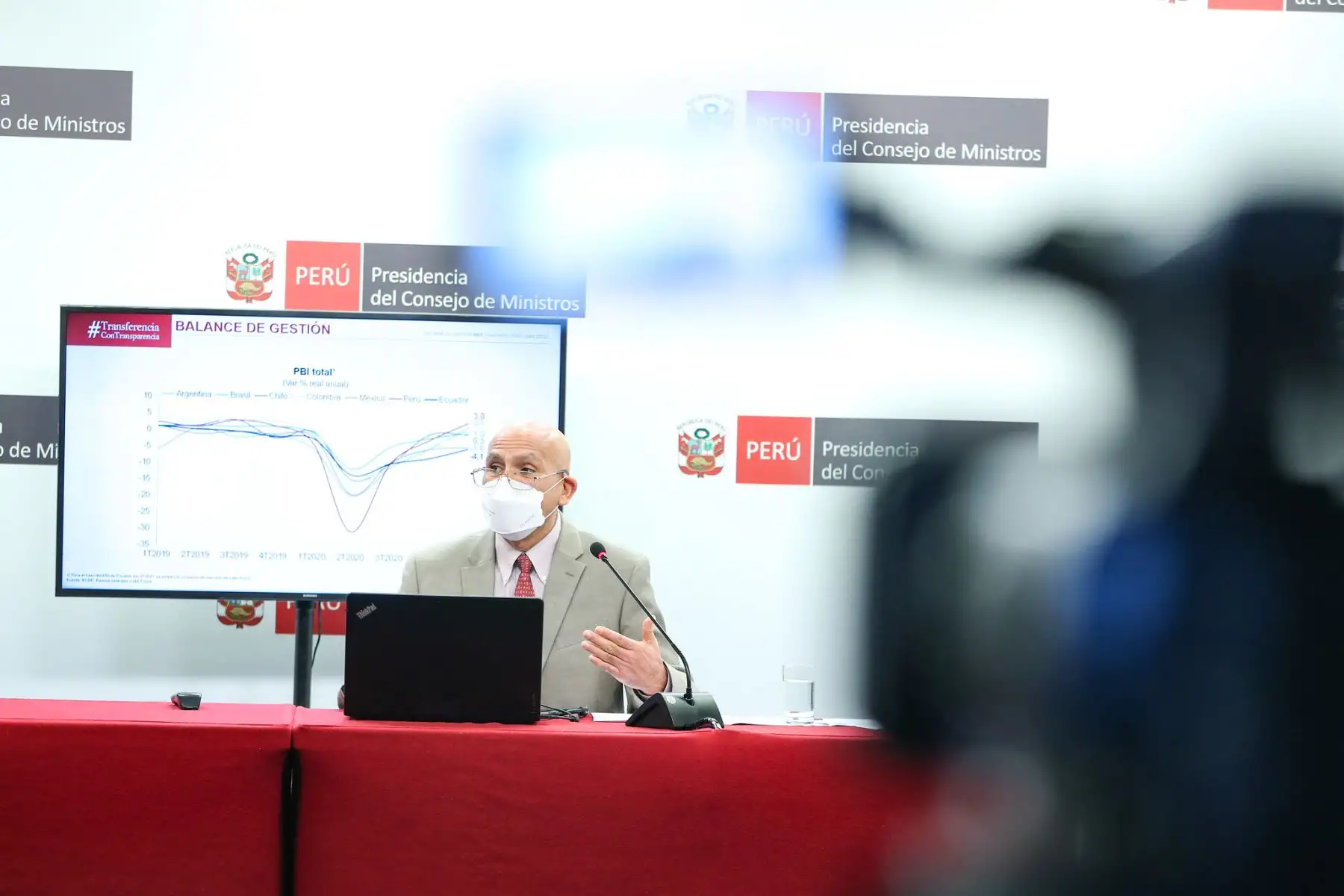 El ministro de Economía y Finazas, Waldo Mendoza, ofrece el balance de su gestión en conferencia de prensa como parte de las sesiones “Transferencia con Transparencia”. Foto: ANDINA/PCM
