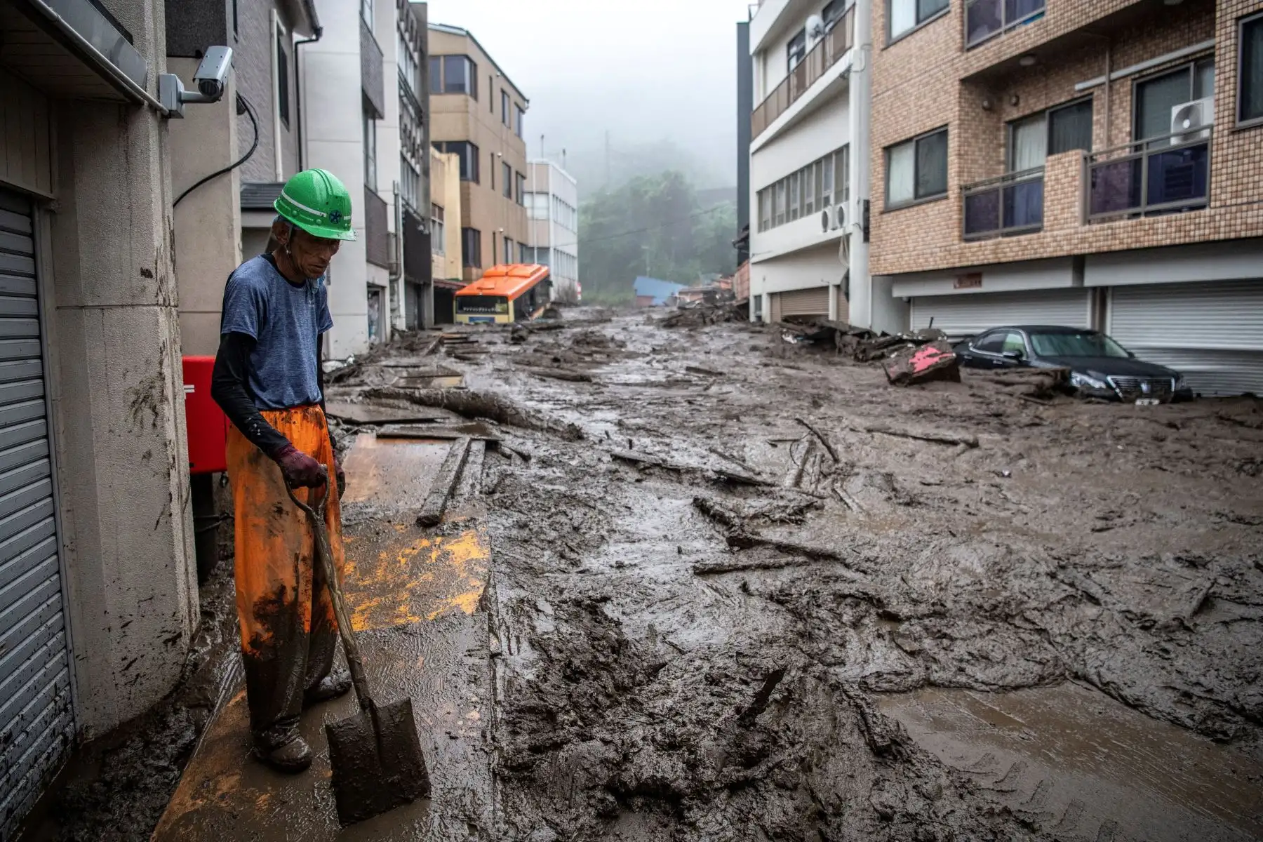 Un rescatista retira lodo y escombros en el lugar de un deslizamiento de tierra luego de días de fuertes lluvias en Atami, en la prefectura de Shizuoka.
Foto: AFP