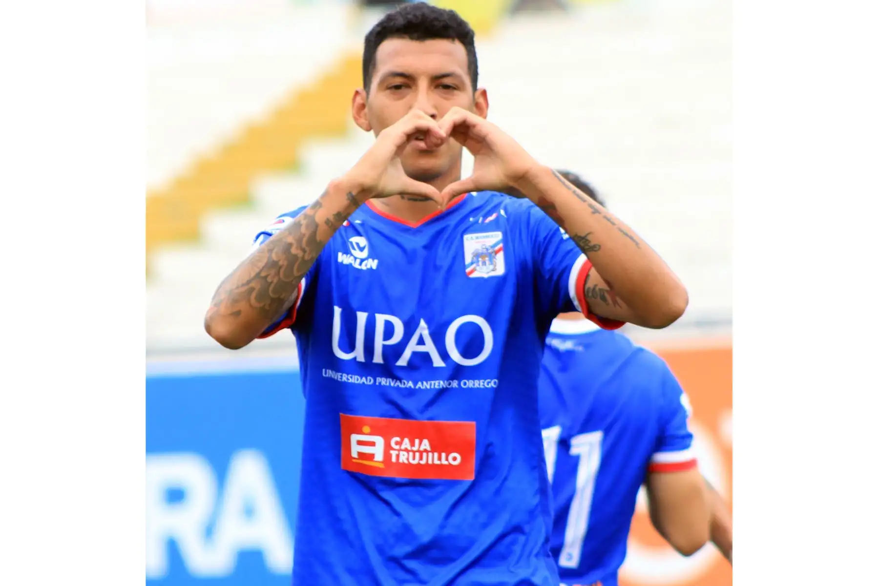 David Dioses de Carlos A. Mannucci celebra su gol  ante el Atlético Grau por la semifinal de la Copa Bicentenario, en el estadio Iván Elías Moreno . 
Foto: @camannucci