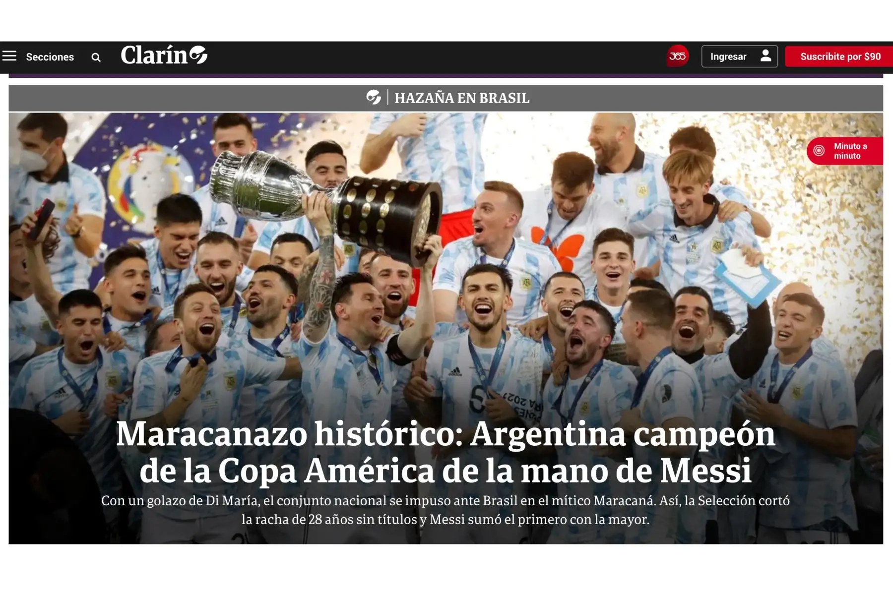 Así informan los medios extranjeros sobre el campeón de la Copa América. Diario El Clarín de Argentina. Foto: ANDINA/Difusión