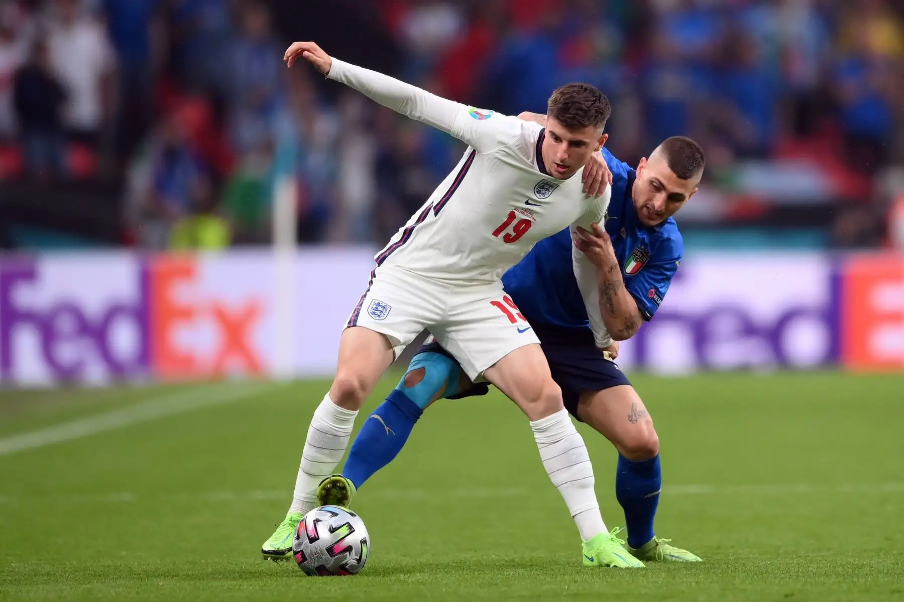 Marco Verratti de Italia en acción contra Mason Mount de Inglaterra durante la final de la UEFA EURO 2020 entre Italia e Inglaterra en Londres, Gran Bretaña.
Foto: EFE