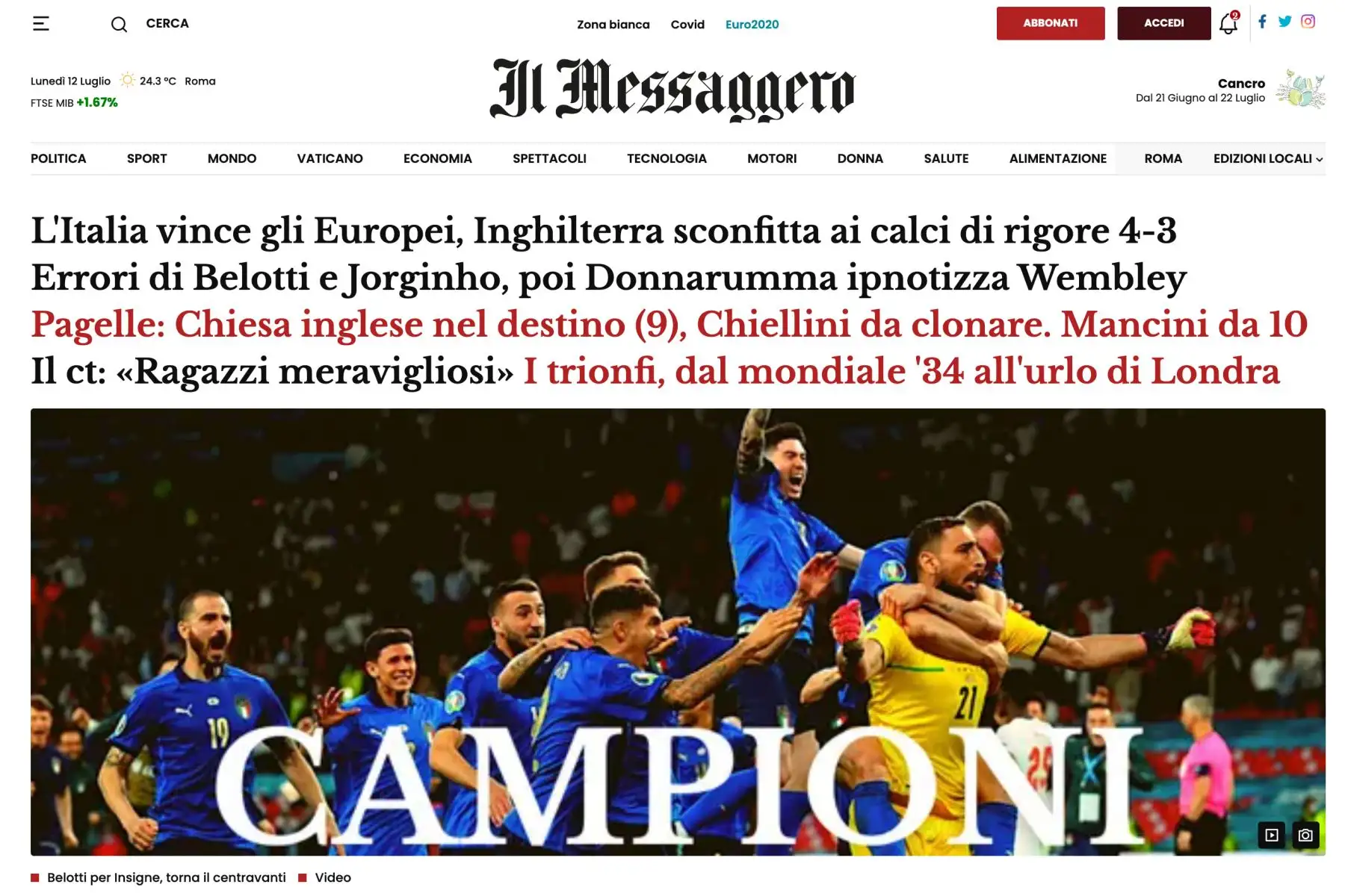 Así informan los medios de comunicación extranjeros sobre el campeonato europeo 2021. Italia ganó su segunda Eurocopa de su historia y lo celebra a lo grande. Foto: ANDINA/Captura TV.