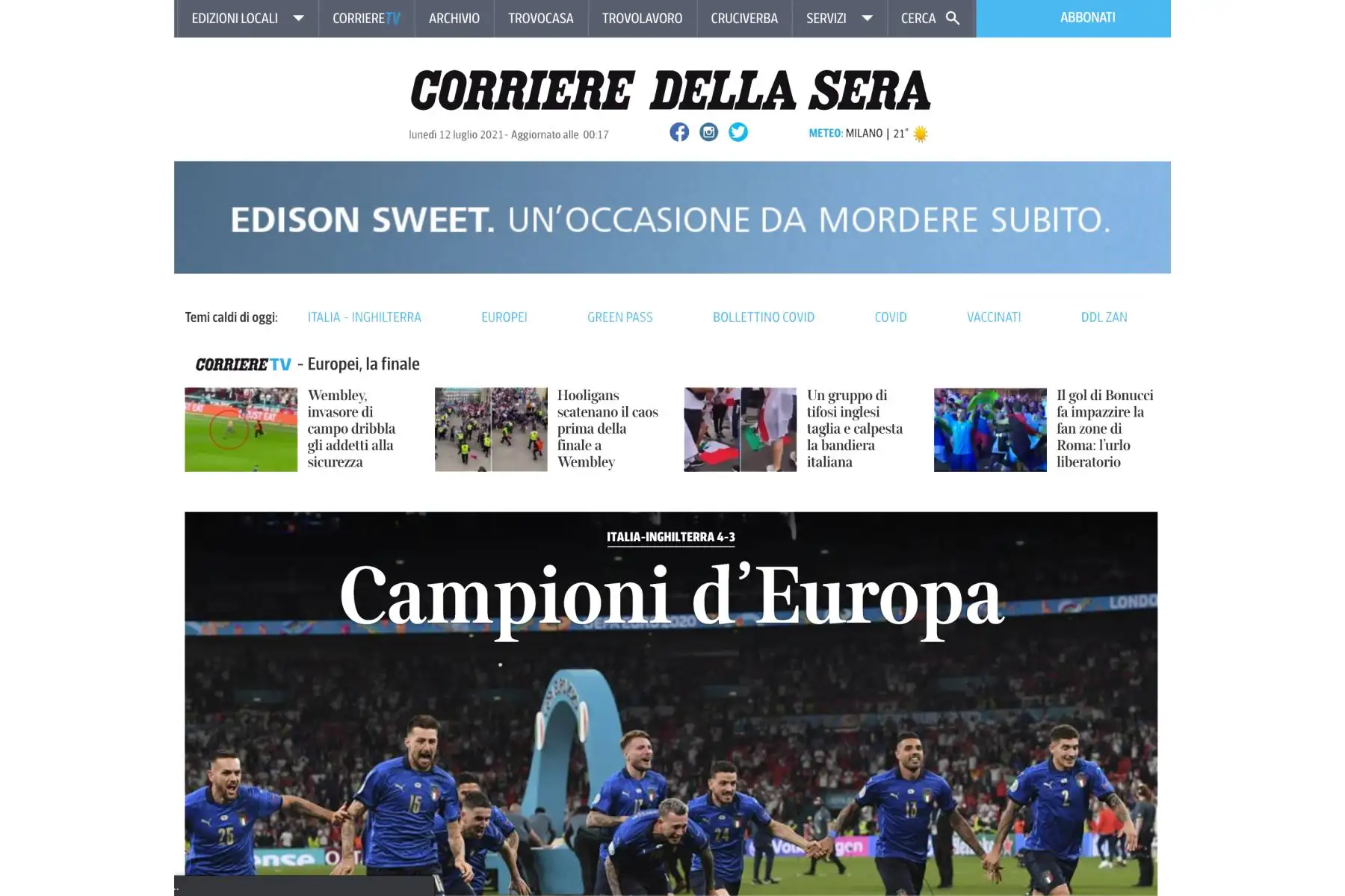 Así informan los medios de comunicación extranjeros sobre el campeonato europeo 2021. Italia ganó su segunda Eurocopa de su historia y lo celebra a lo grande. Foto: ANDINA/Captura TV.