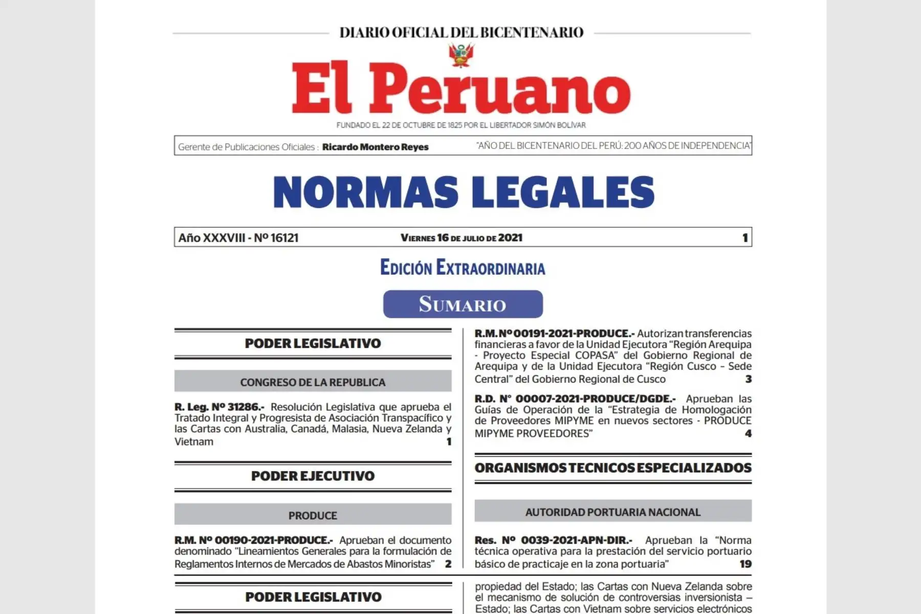 Cuadernillo de Normas Legales del Diario Oficial El Peruano.