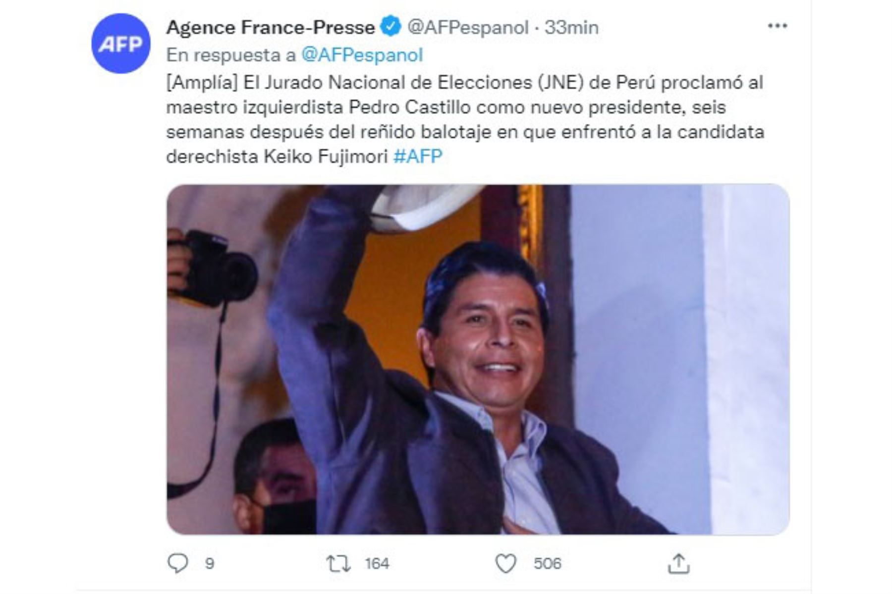 Portada de AFP. Diarios del mundo, informan sobre la proclamación del presidente electo Pedro Castillo.
Foto: Captura TV