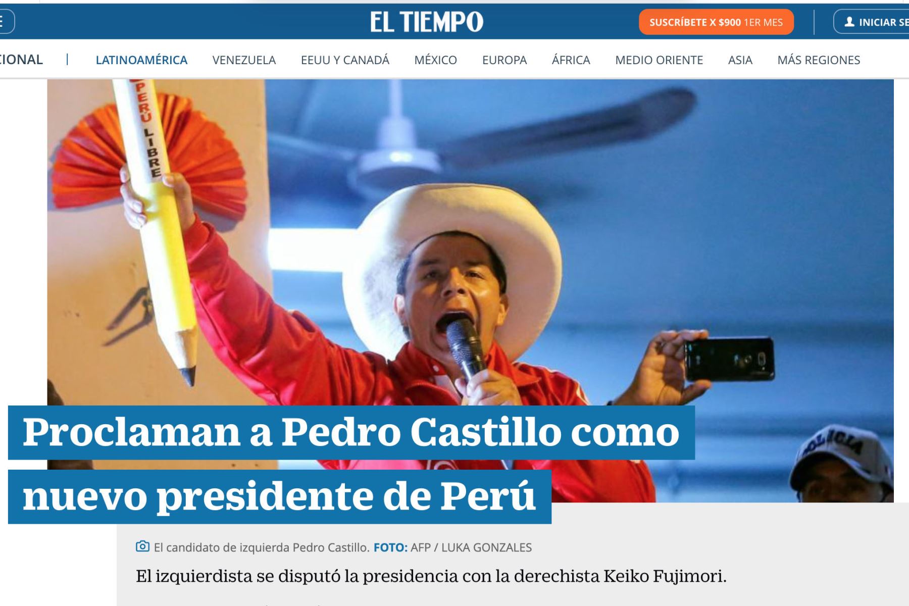 Portada del diario El Tiempo. Diarios del mundo, informan sobre la proclamación del presidente electo Pedro Castillo.
Foto: Captura TV